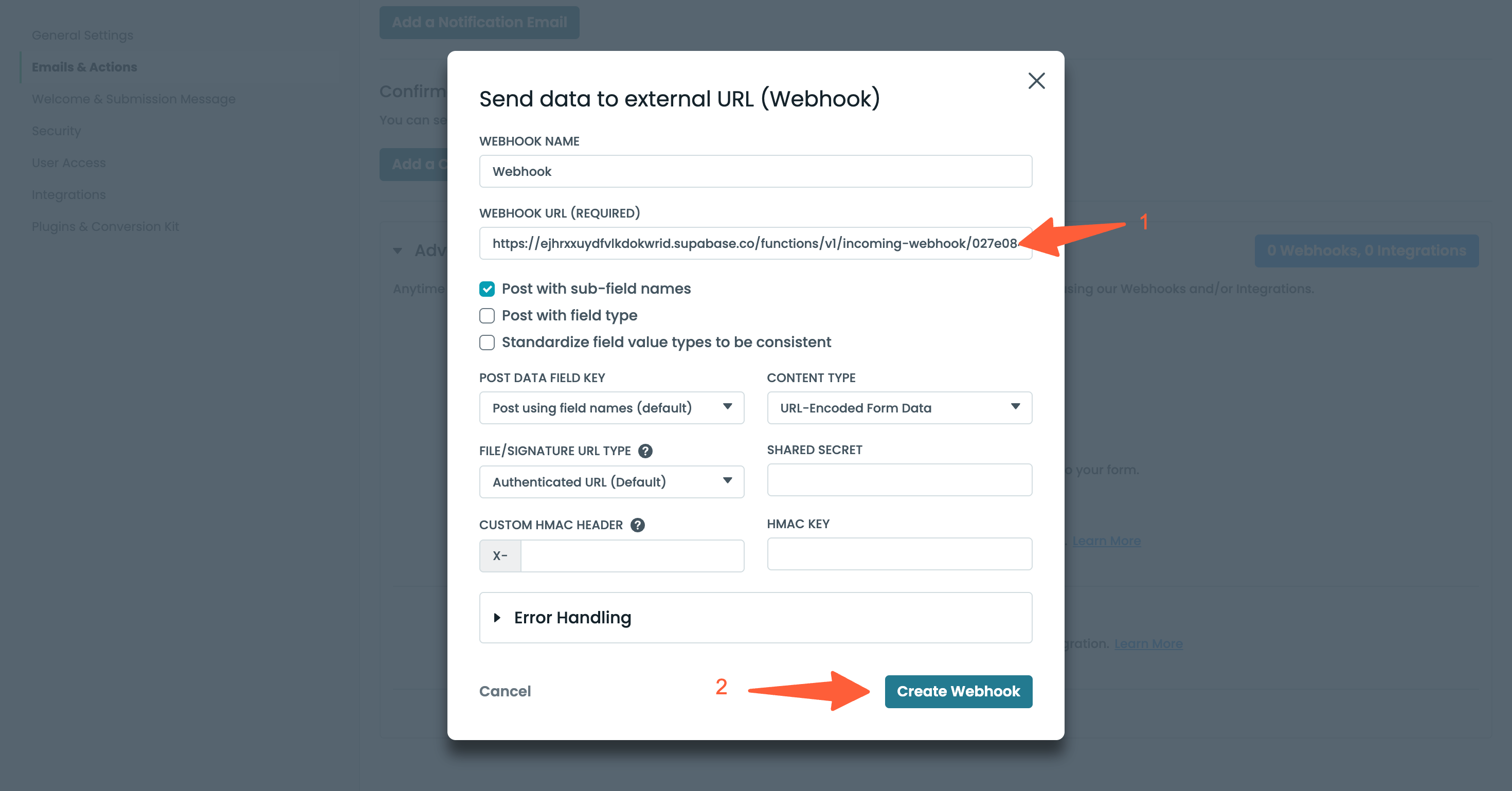 Formstack webhook configuration with the SourceLoop URL pasted