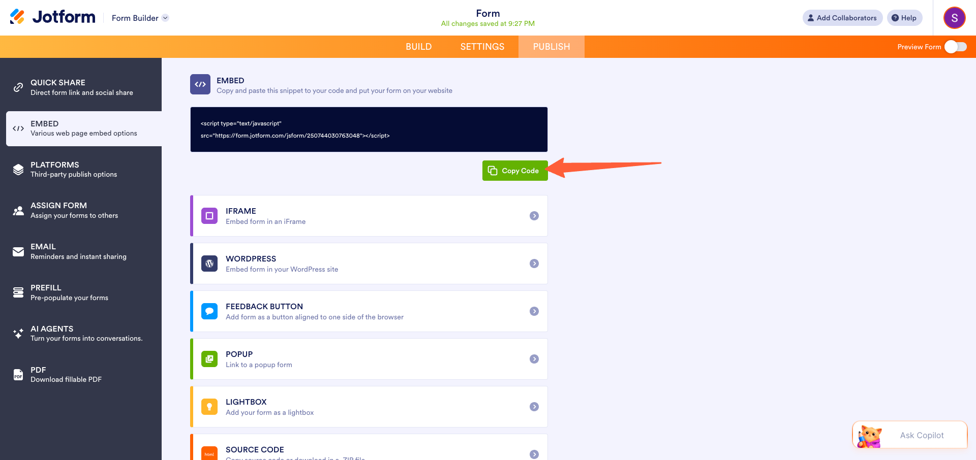 Jotform Embed options with iFrame and JavaScript