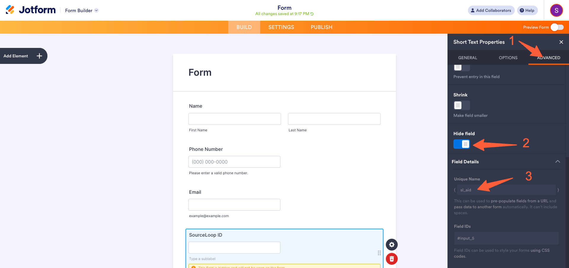Jotform field Advanced tab with Hide Field and Unique Name configuration