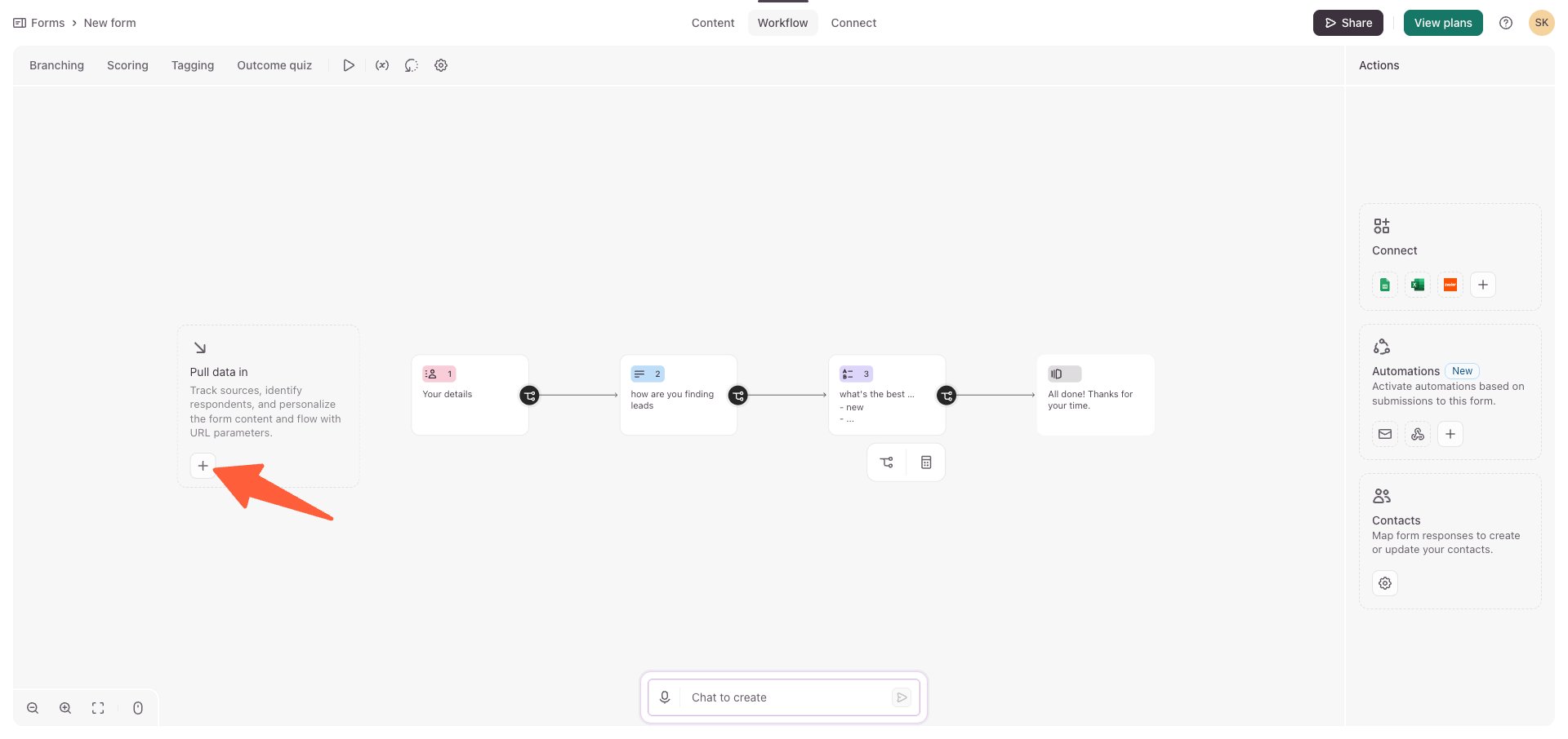 Typeform Workflow tab showing the Pull data in card