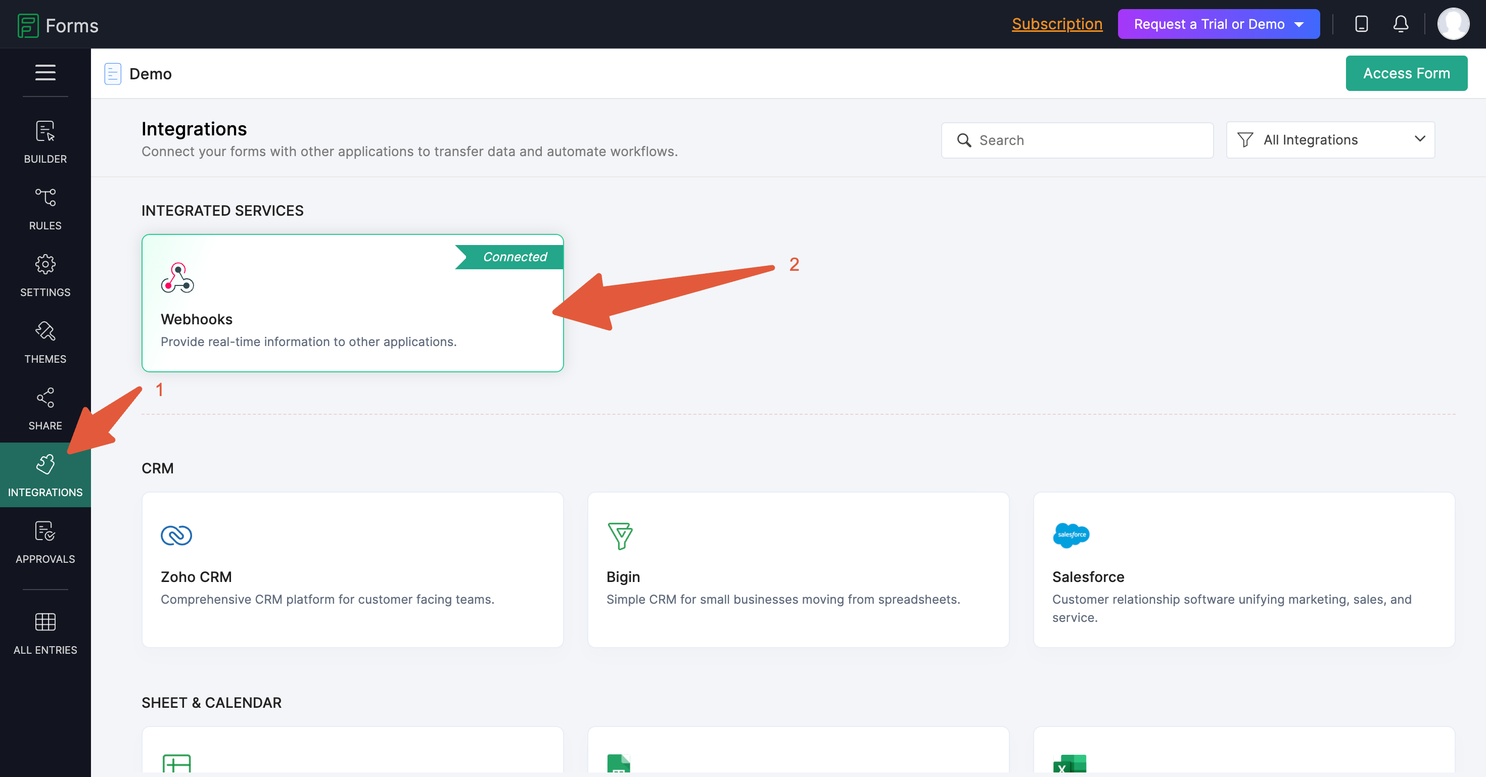 Zoho Forms Integrations panel with Webhook configuration