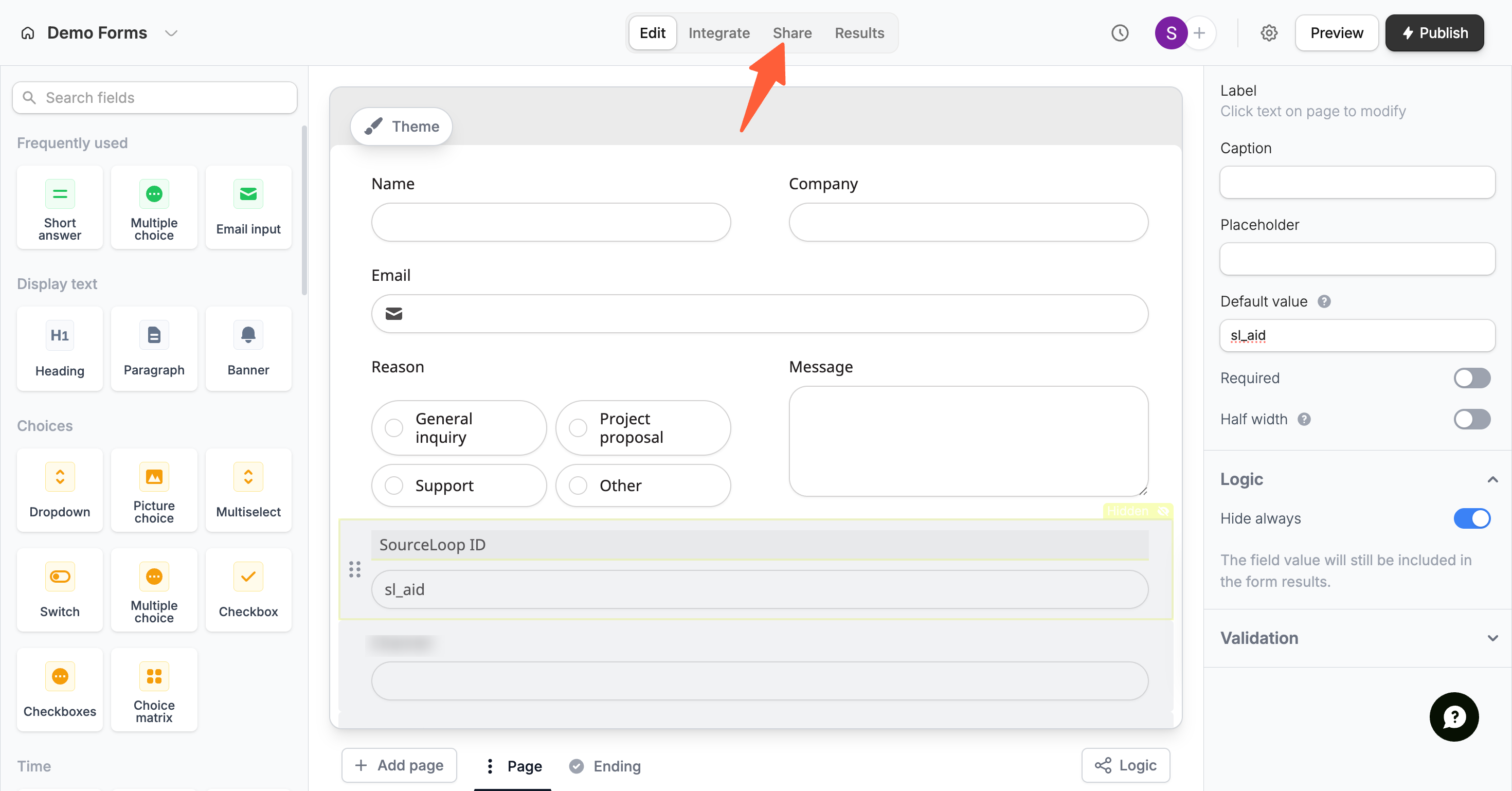 Fillout form with the Share button