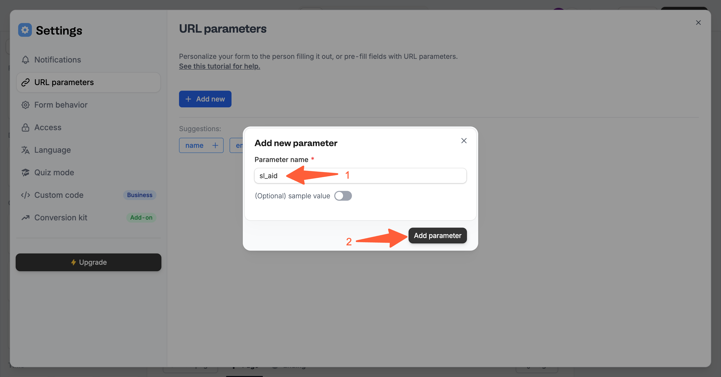 Fillout new URL Parameter with a name entered