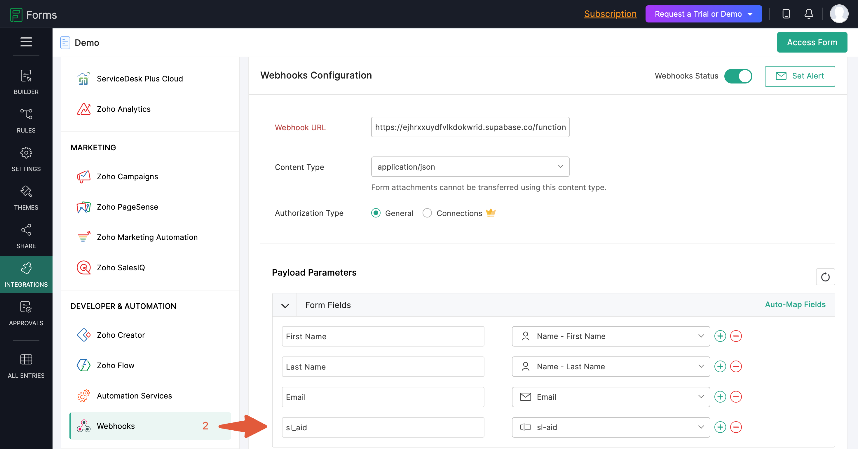 Zoho Forms webhook payload parameters configured with name, email, and sl_aid