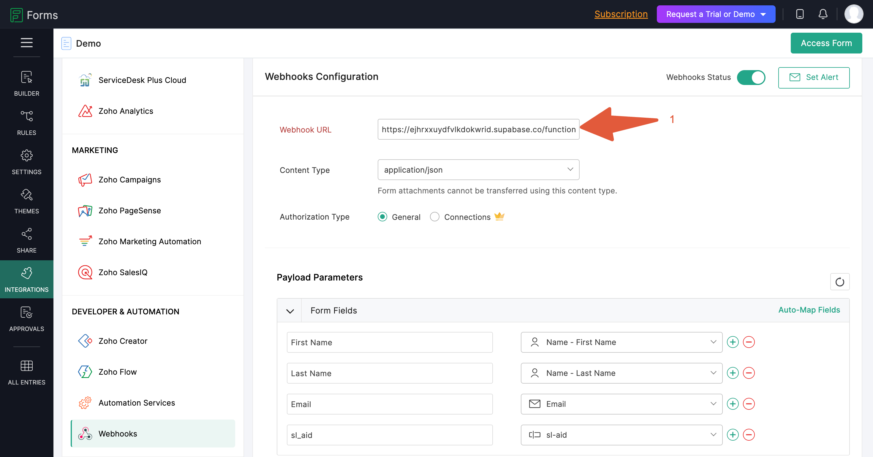 Zoho Forms webhook with content type set to application/json
