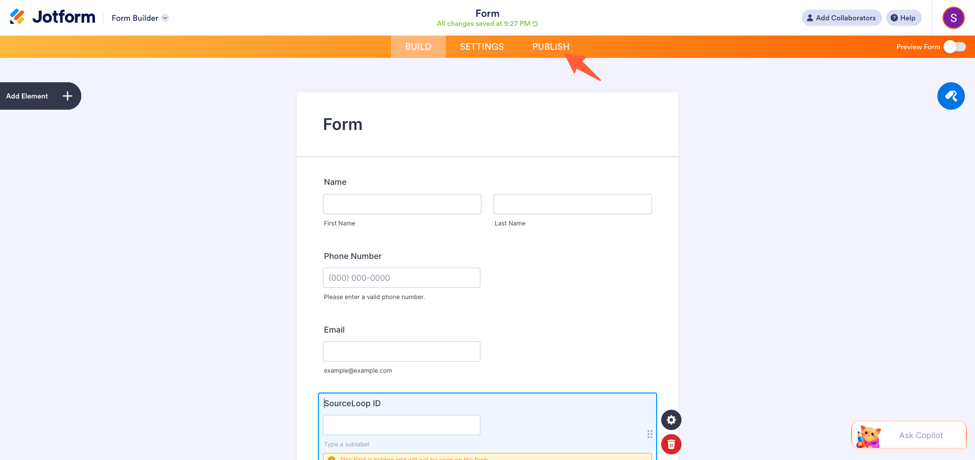 Jotform Publish button highlighted at the top of the builder
