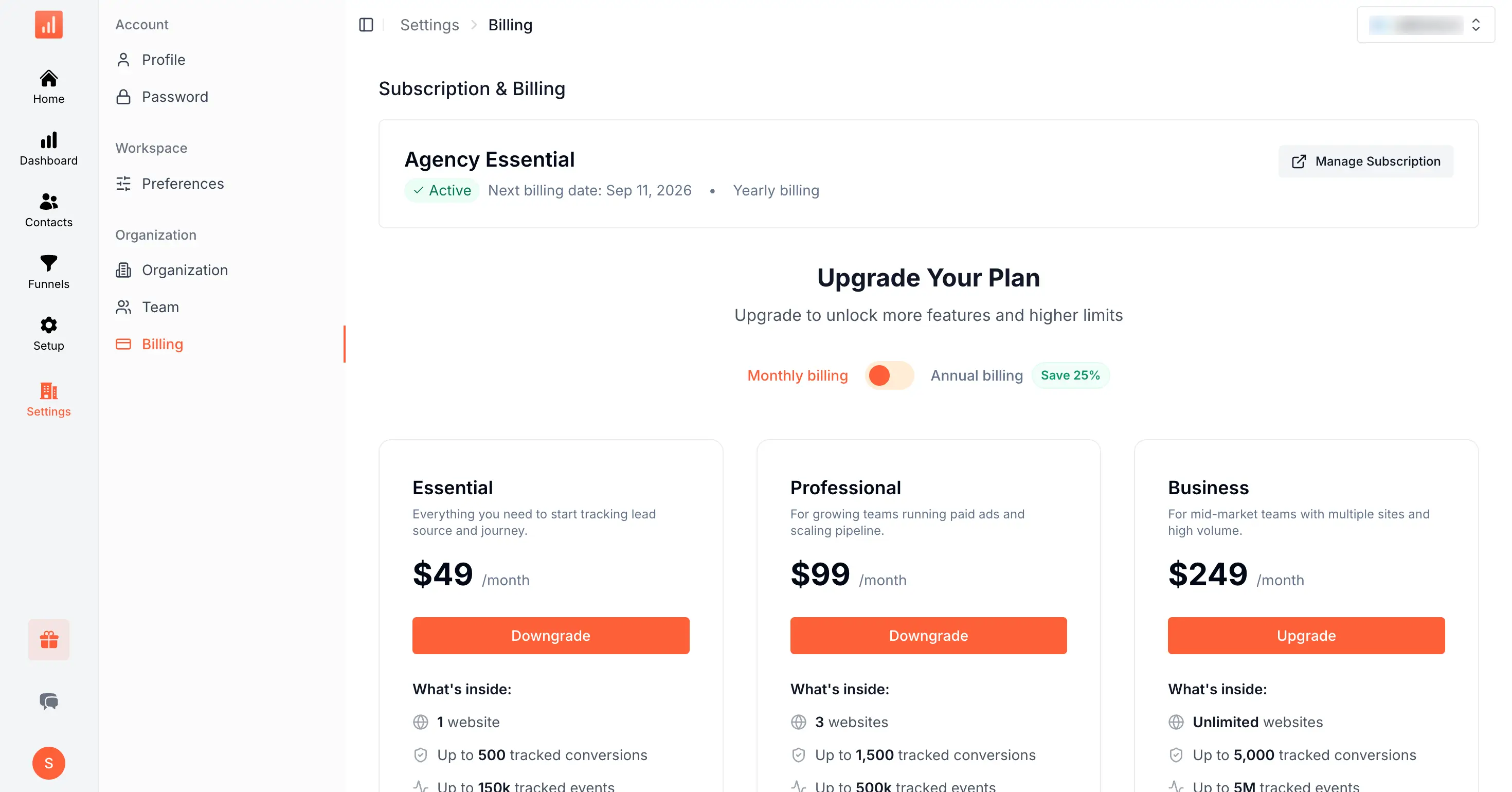 SourceLoop Billing page showing the current subscription card with the Manage Subscription button in the top-right