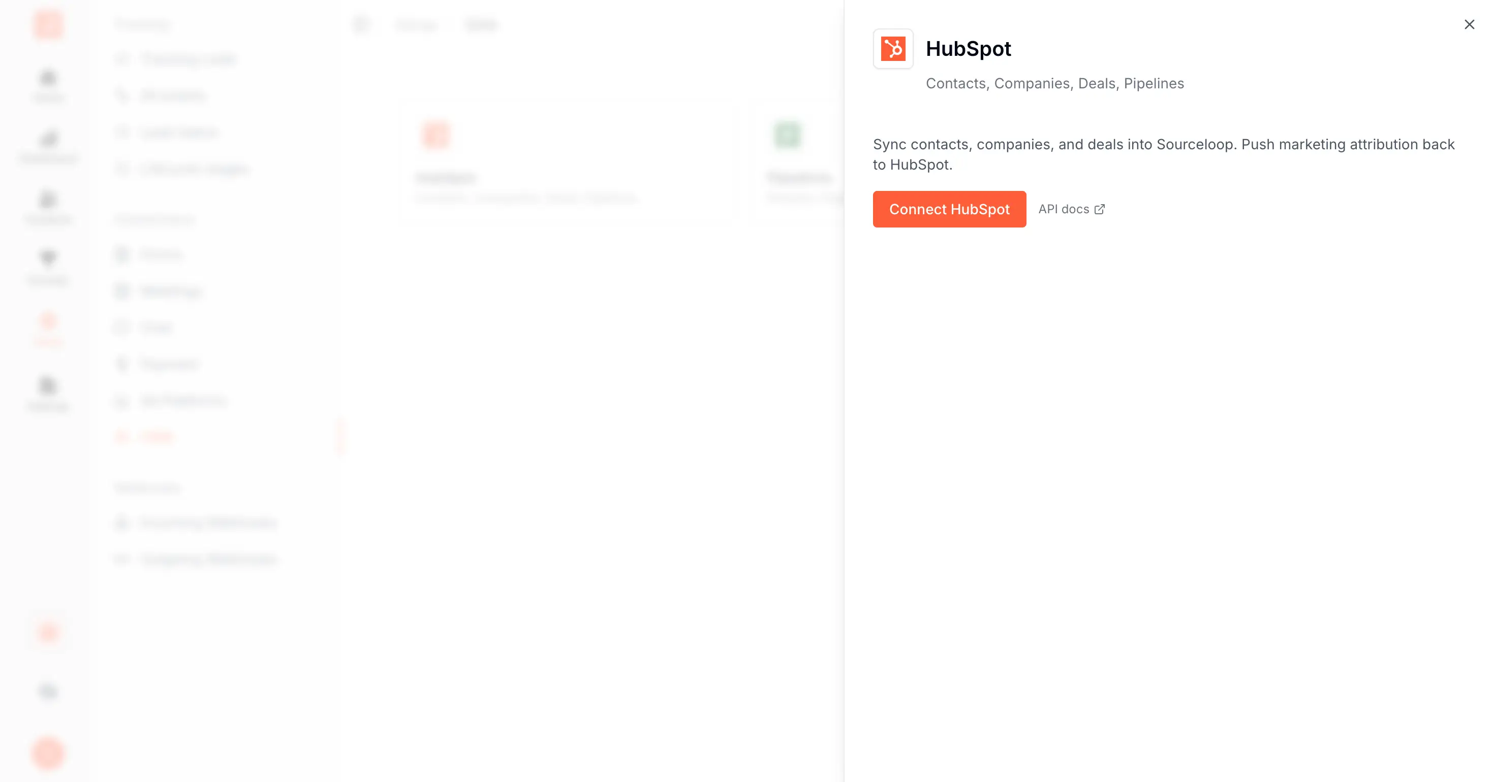 SourceLoop CRM drawer with the HubSpot Connect button highlighted