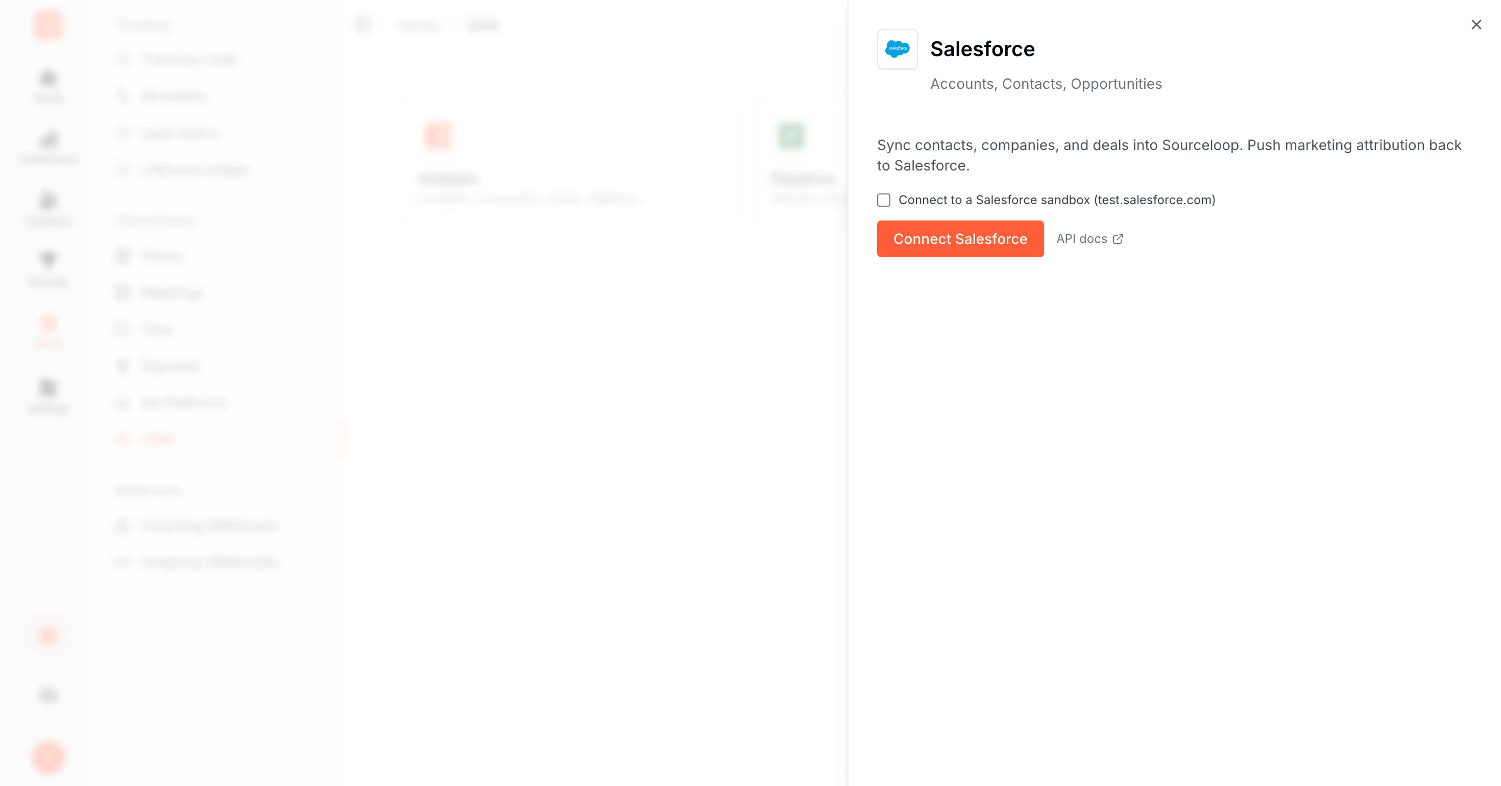 SourceLoop CRM drawer with the Salesforce Connect button and sandbox toggle highlighted
