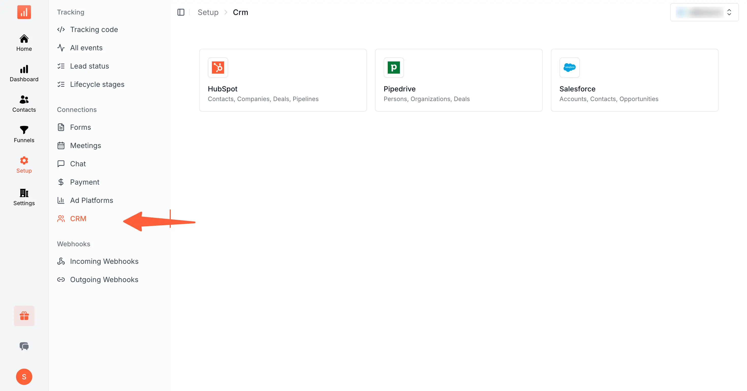 SourceLoop Setup CRM page showing the supported CRM provider cards including HubSpot, Salesforce, and Pipedrive