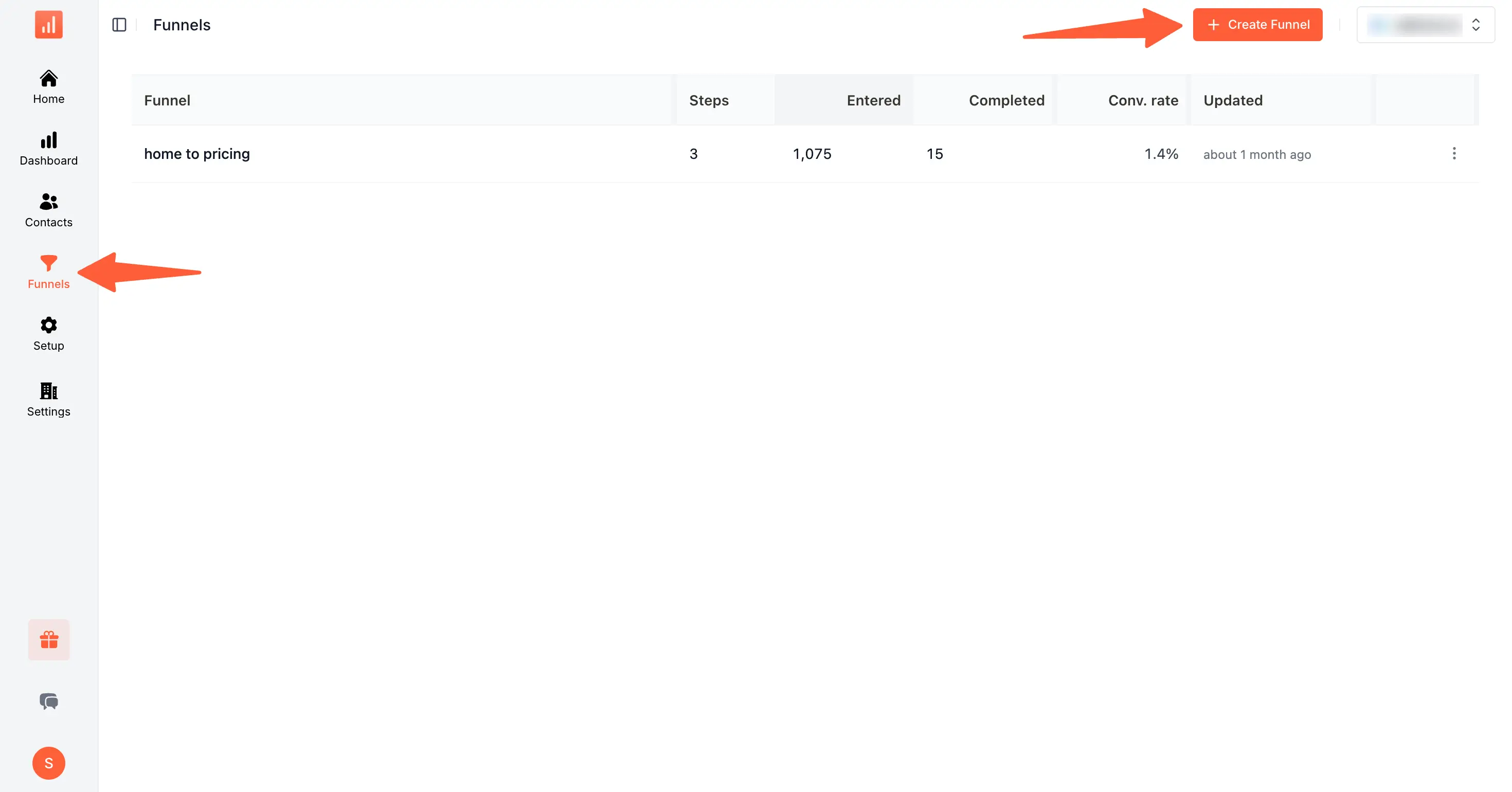 SourceLoop Funnels list page with the Funnels sidebar entry and the Create Funnel button highlighted