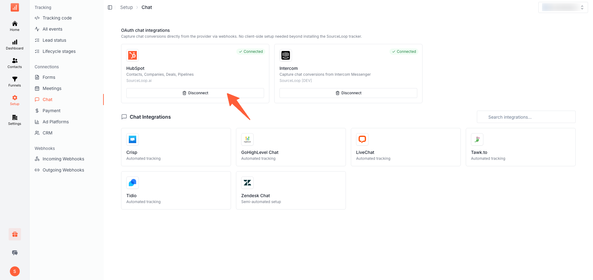 SourceLoop HubSpot connection drawer showing the Resync and Disconnect buttons at the top right with a red arrow pointing to Disconnect, plus the connection details, lead status mapping, lifecycle stage mapping, deal stages, and field mappings underneath