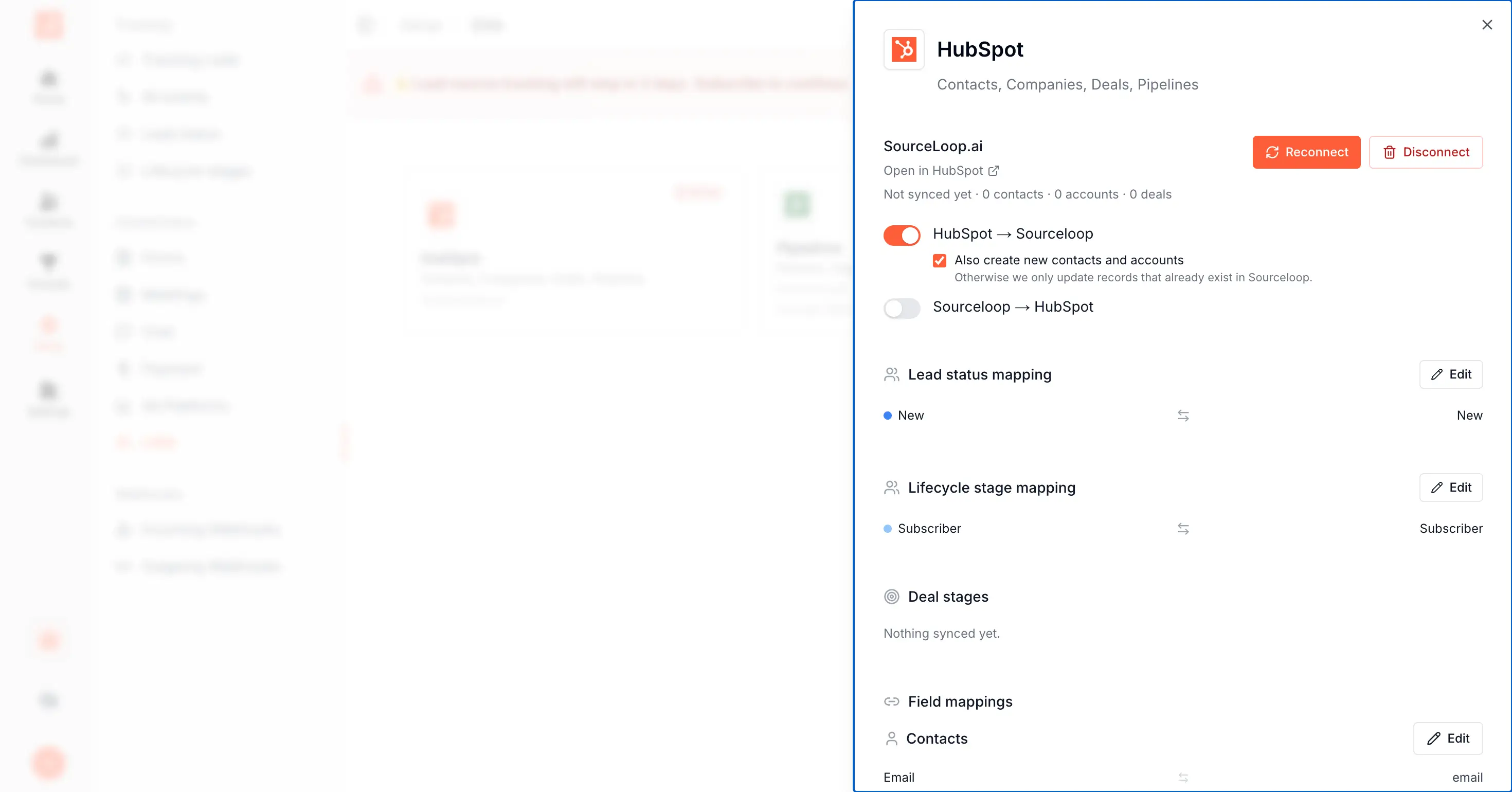 SourceLoop HubSpot drawer showing the Lead status mapping (with New mapped) and Lifecycle stage mapping (with Subscriber) sections, each with an Edit button