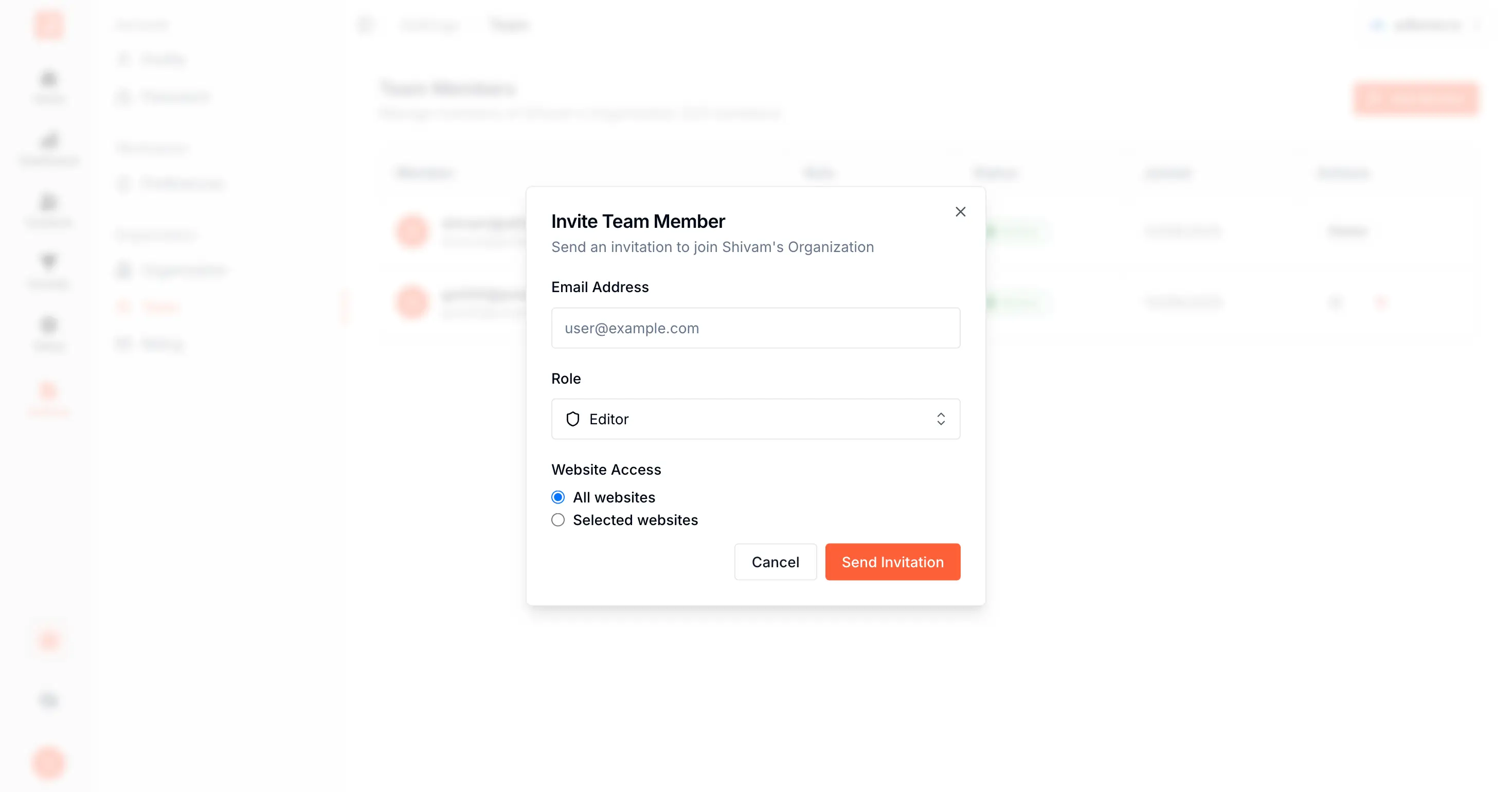 SourceLoop Invite Team Member modal with fields for email address, role, and website access