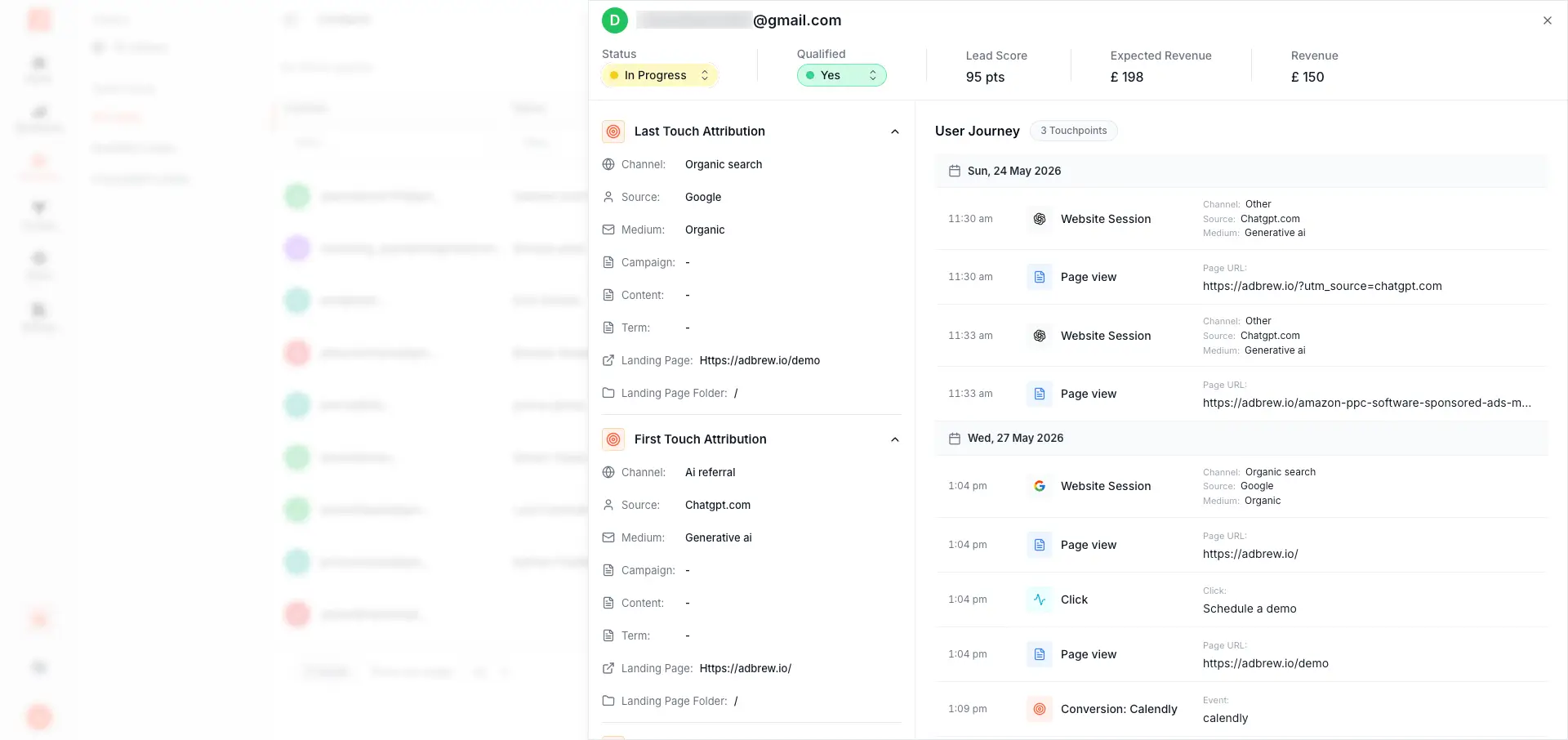 SourceLoop Contacts Hub showing an HTML Forms submission with the lead's full journey