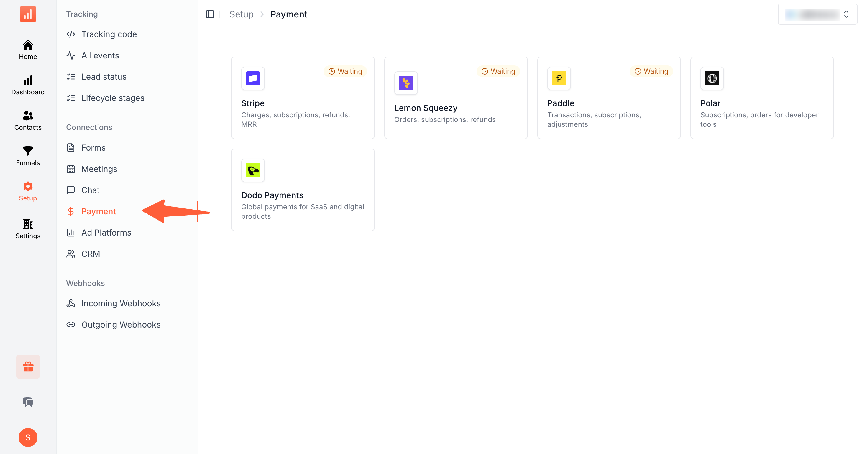 SourceLoop Setup Payment page showing the supported payment provider cards
