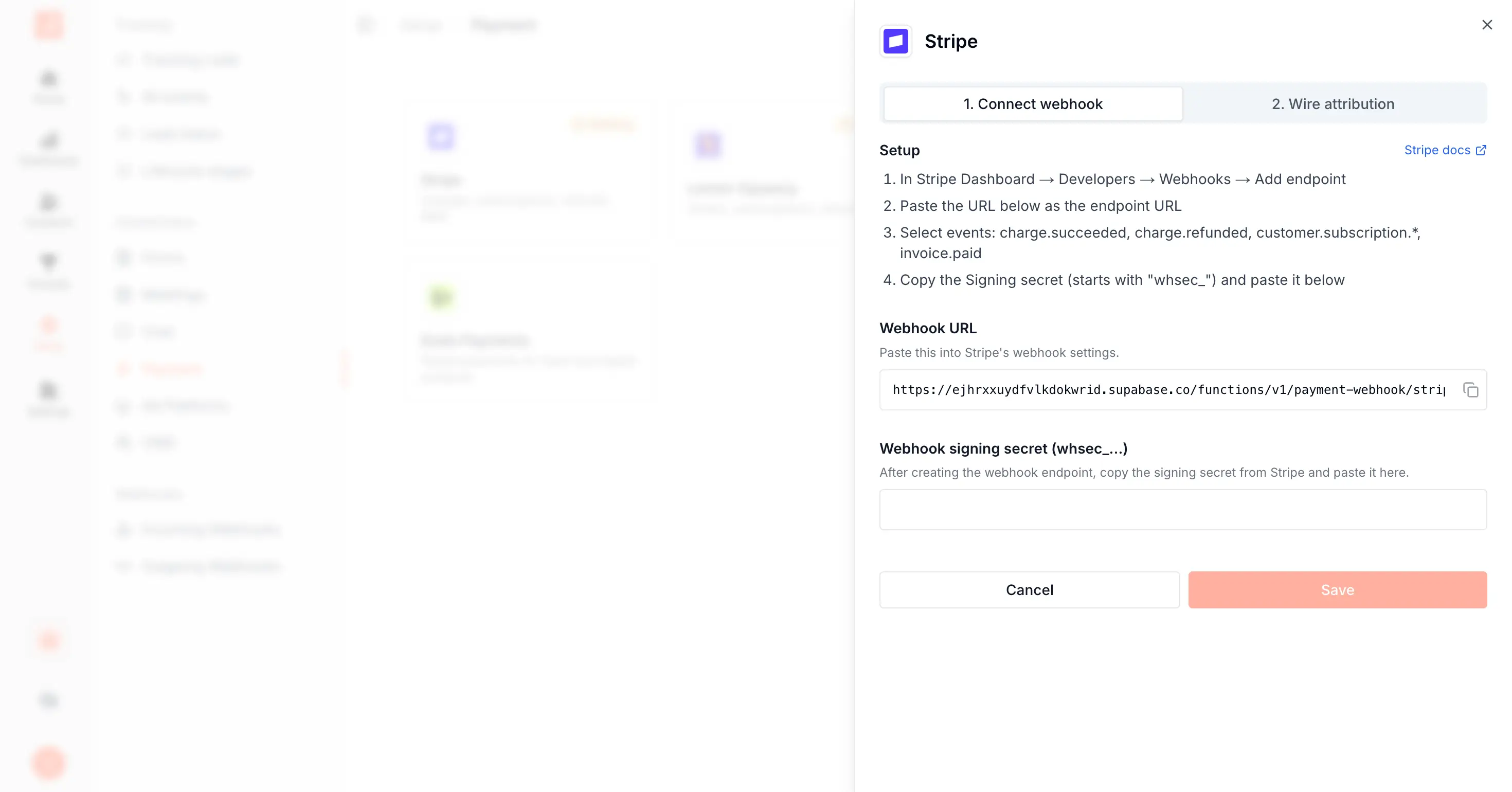 SourceLoop payment provider drawer with the webhook URL and signing secret fields