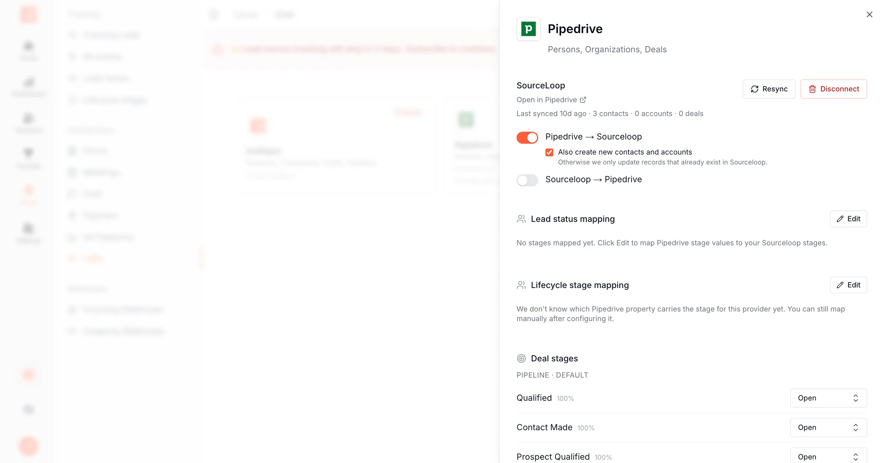 SourceLoop Pipedrive drawer showing Lead status mapping (empty, prompting Edit), Lifecycle stage mapping (with explanation), and Deal stages with the Default pipeline values listed