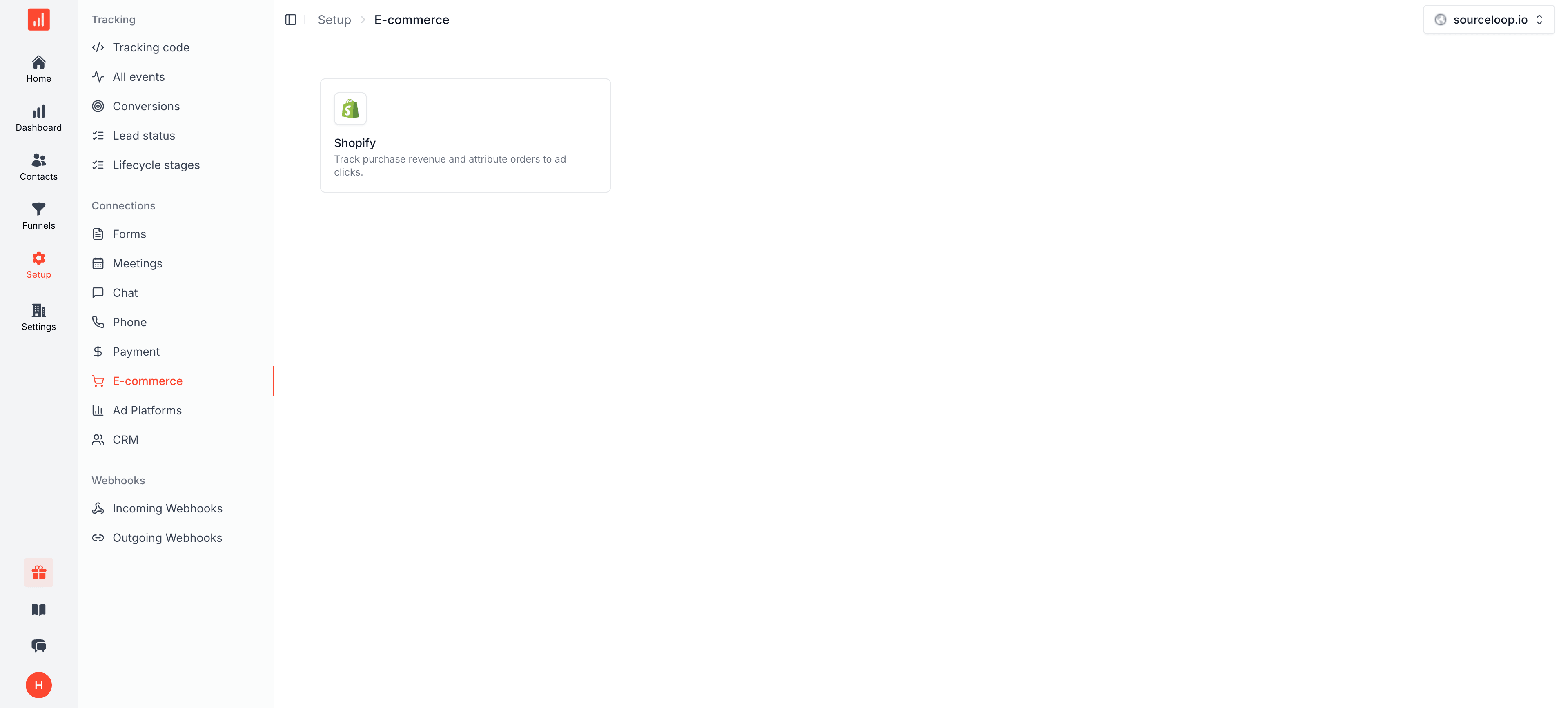 SourceLoop Setup page with the E-commerce tab selected in the left sidebar and the Shopify card in the main panel