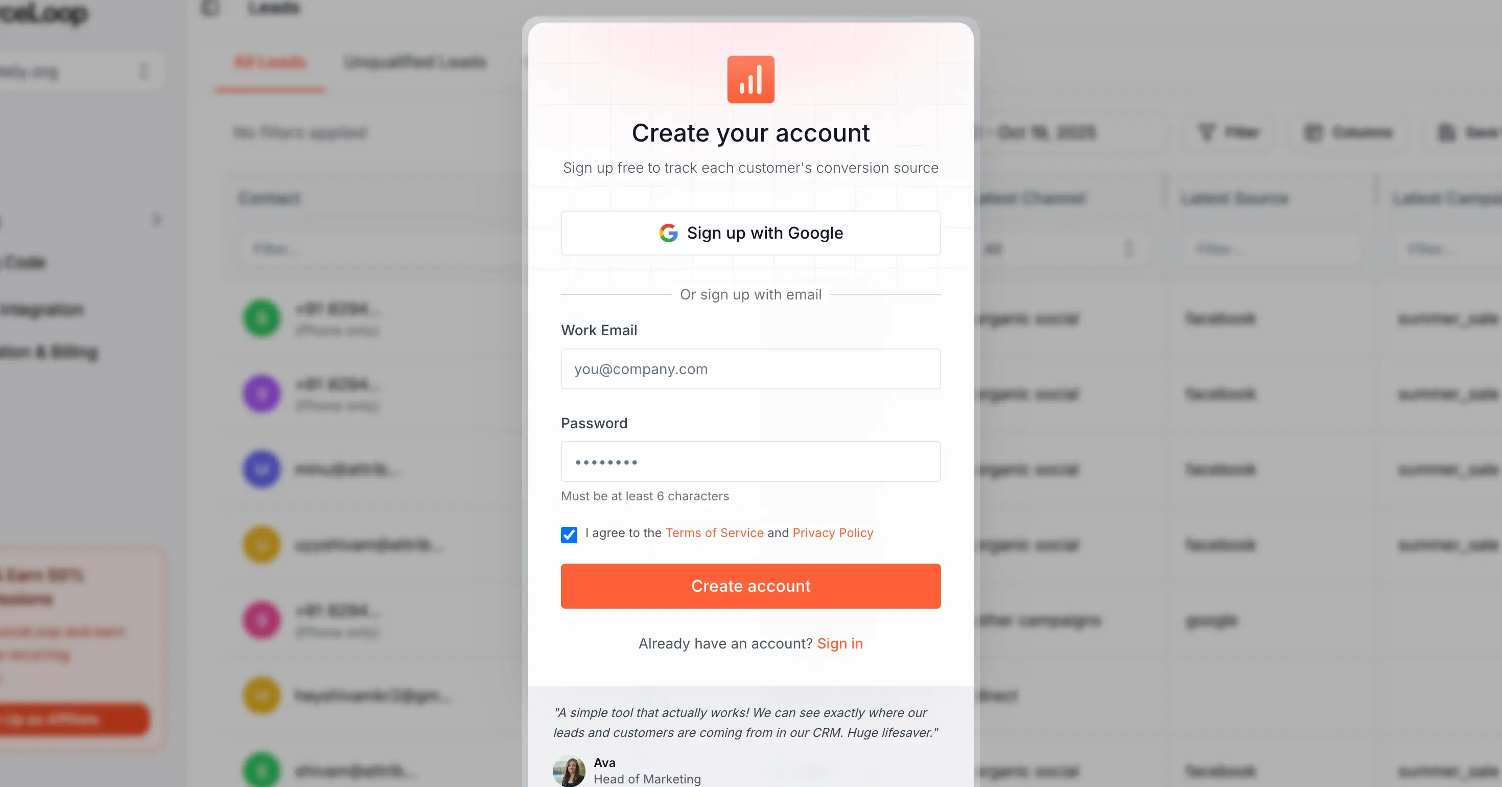 SourceLoop sign-up page with the Google button at the top and email plus password form below