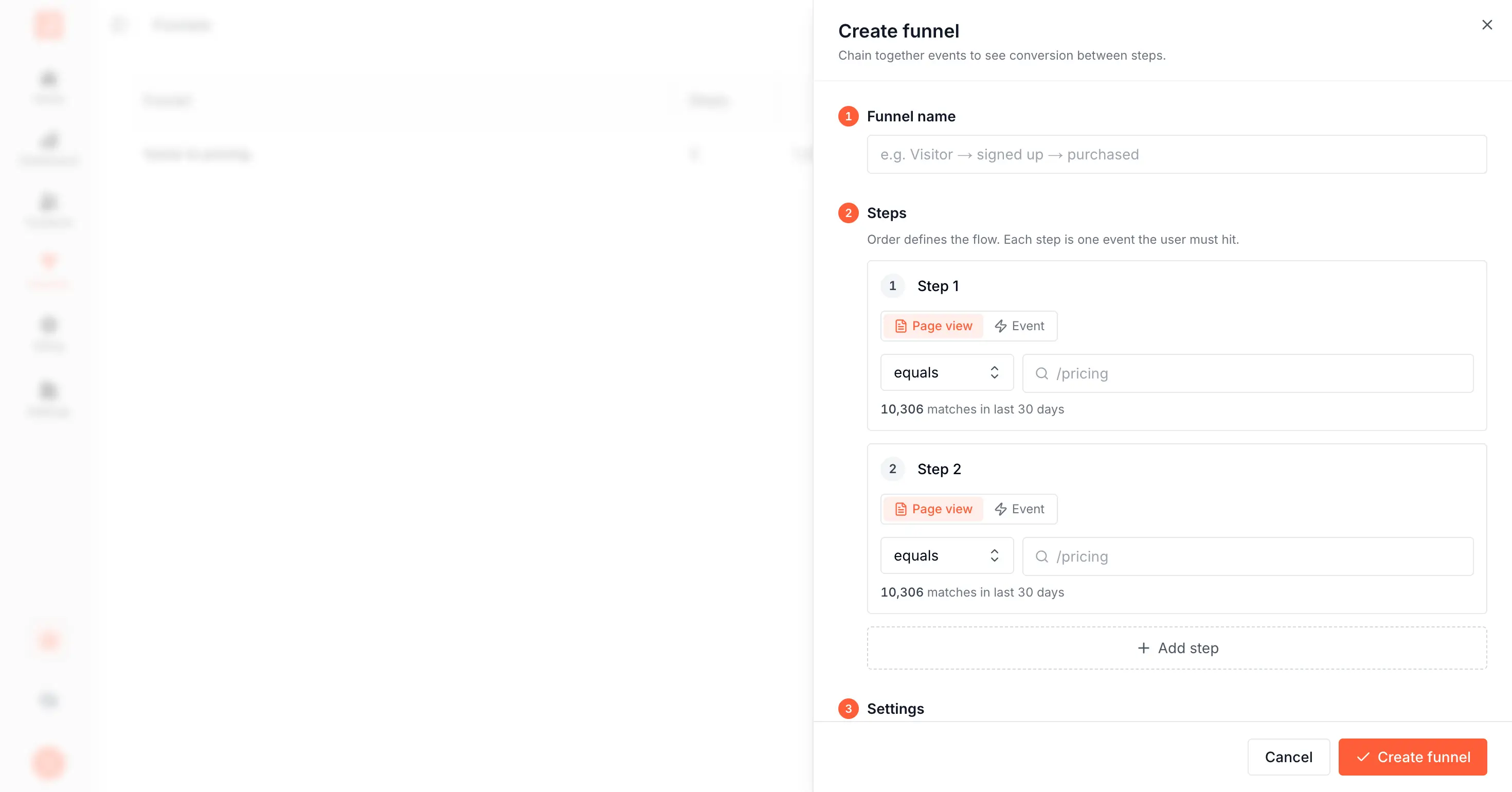 SourceLoop Create funnel drawer showing Step 1 and Step 2 with Page view selected, equals operator, the URL field, and the live match preview underneath each step