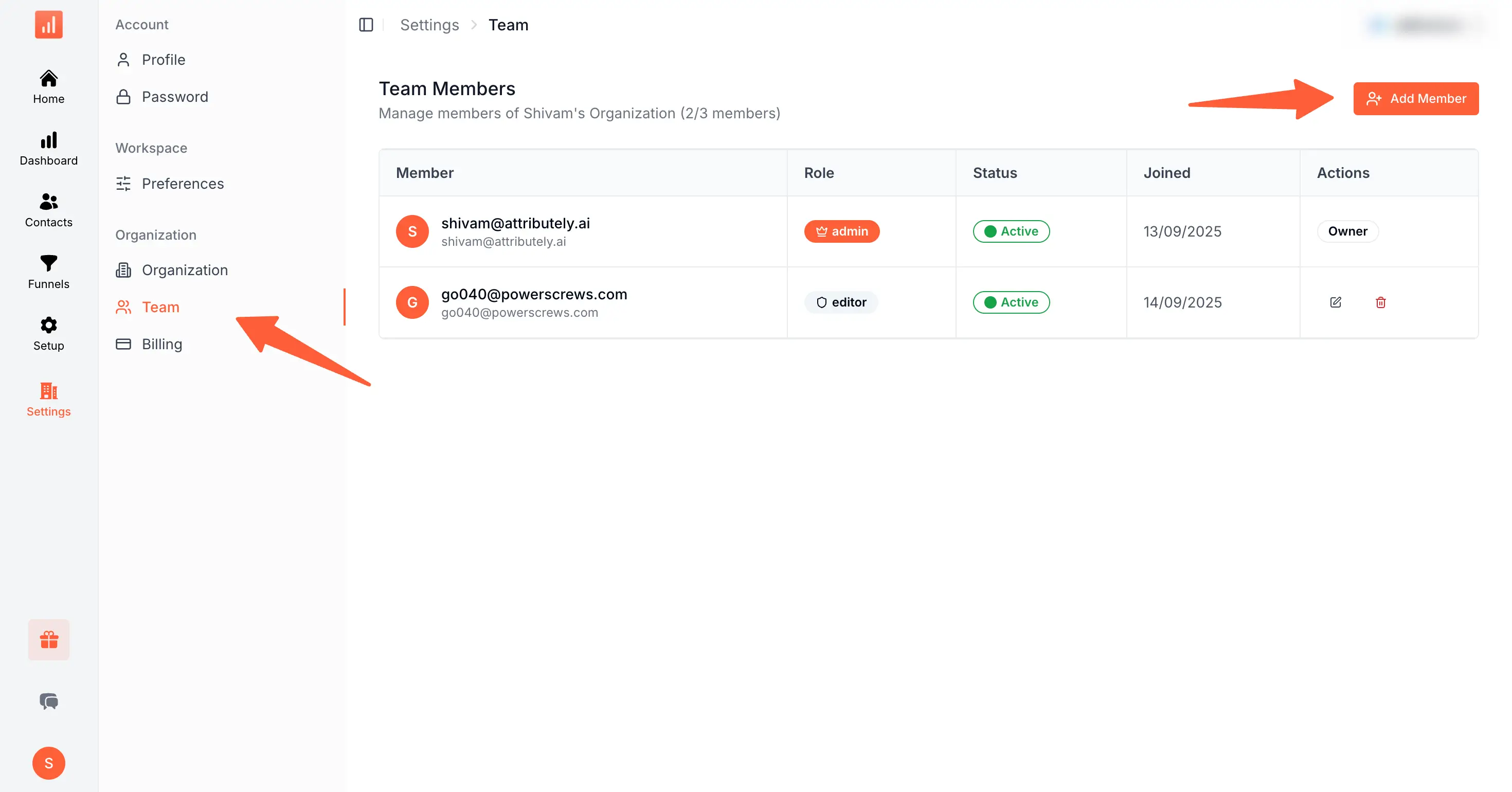 SourceLoop Settings page showing the Team section with current members and the Add Member button highlighted