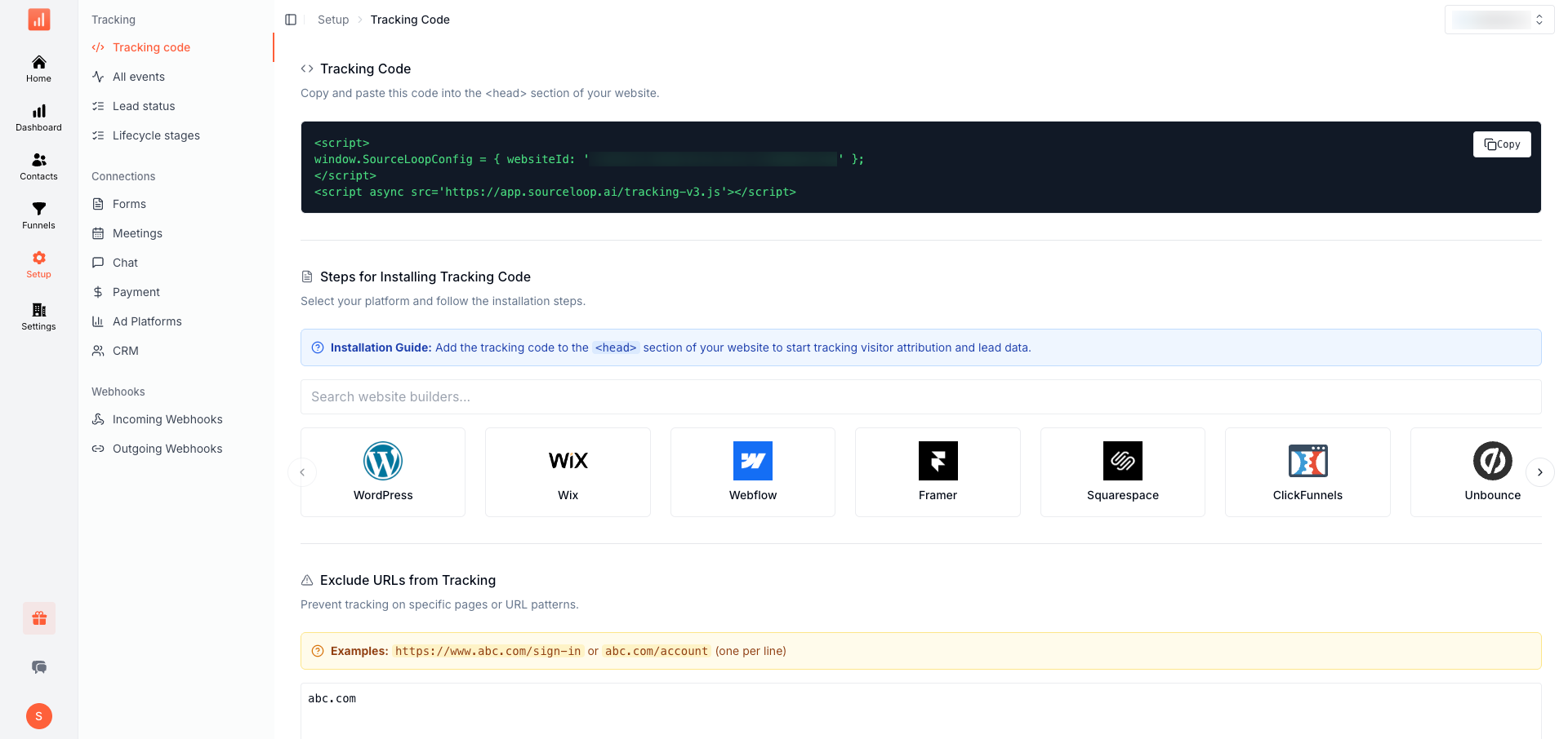 SourceLoop Setup page with the tracking code snippet ready to copy