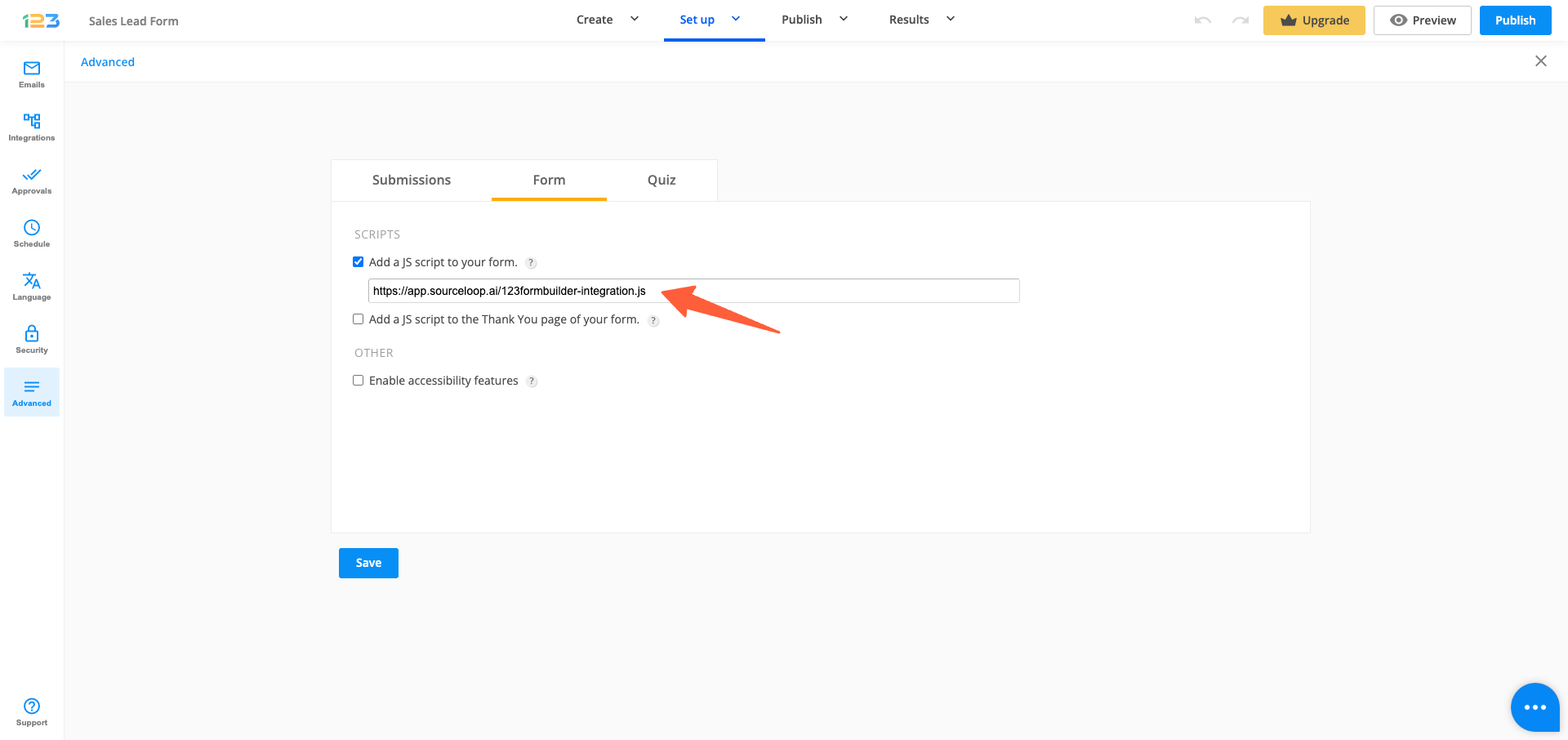 123FormBuilder Advanced settings with the JS script URL pasted in