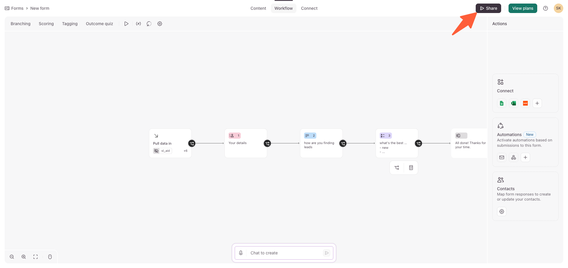 Typeform editor with the Share button highlighted