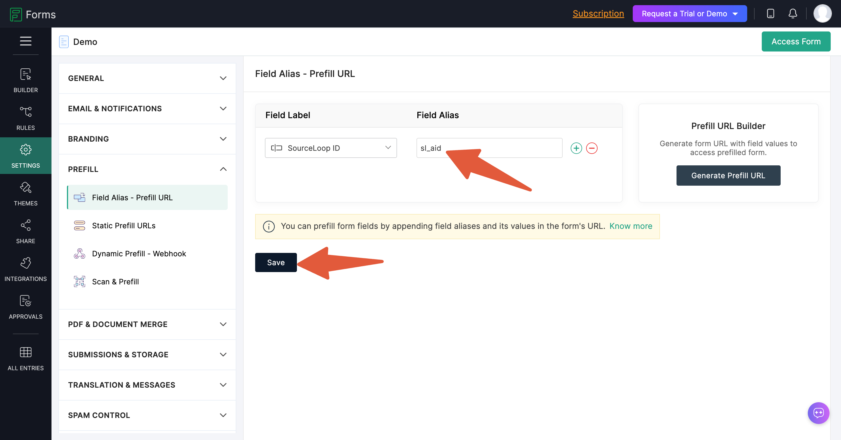 Zoho Forms Field Alias panel with sl_aid entered for the hidden field
