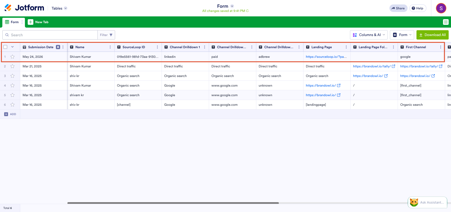 Jotform submission with attribution hidden field values populated