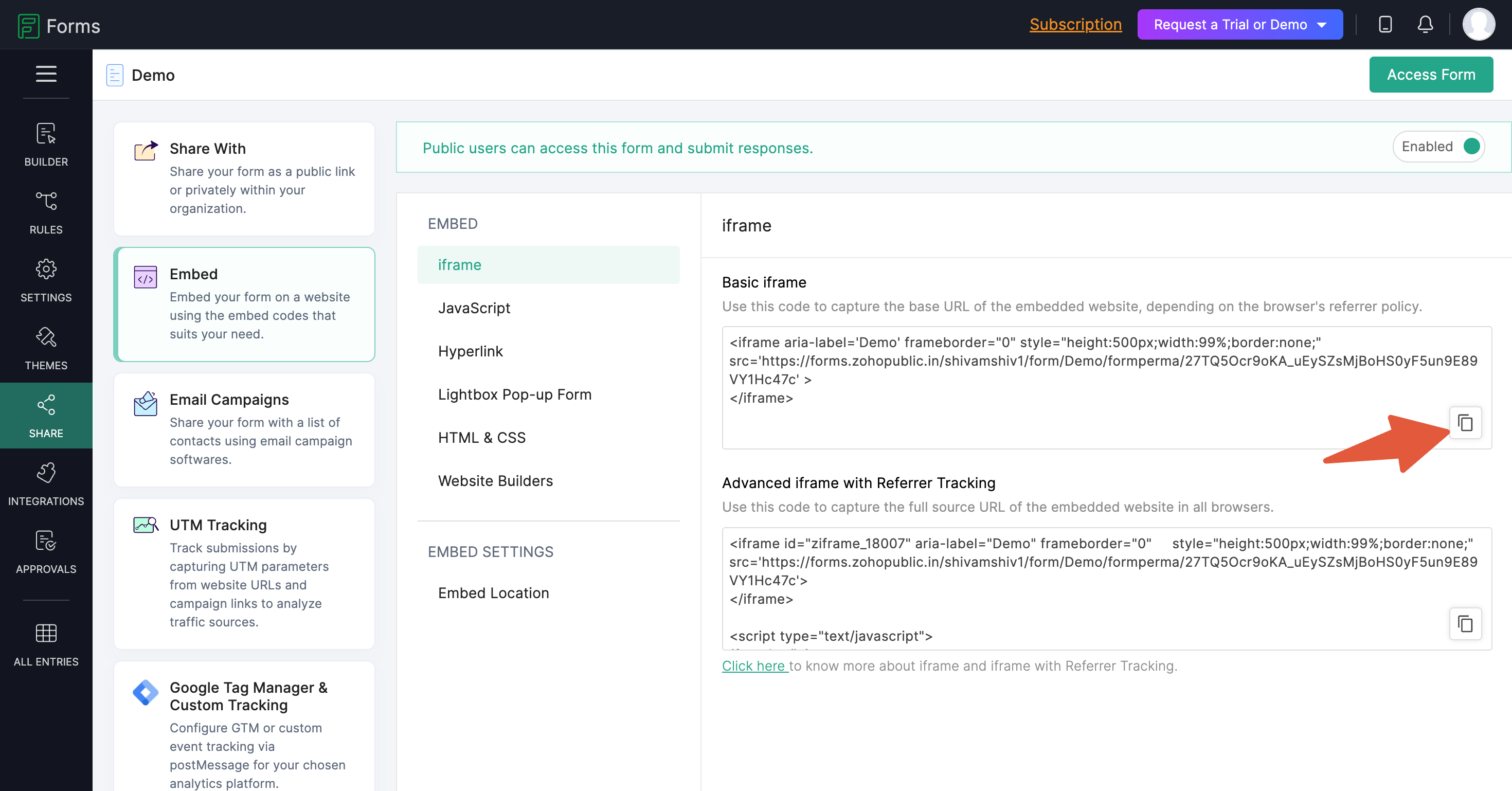 Zoho Forms Share tab showing Iframe and JavaScript embed options