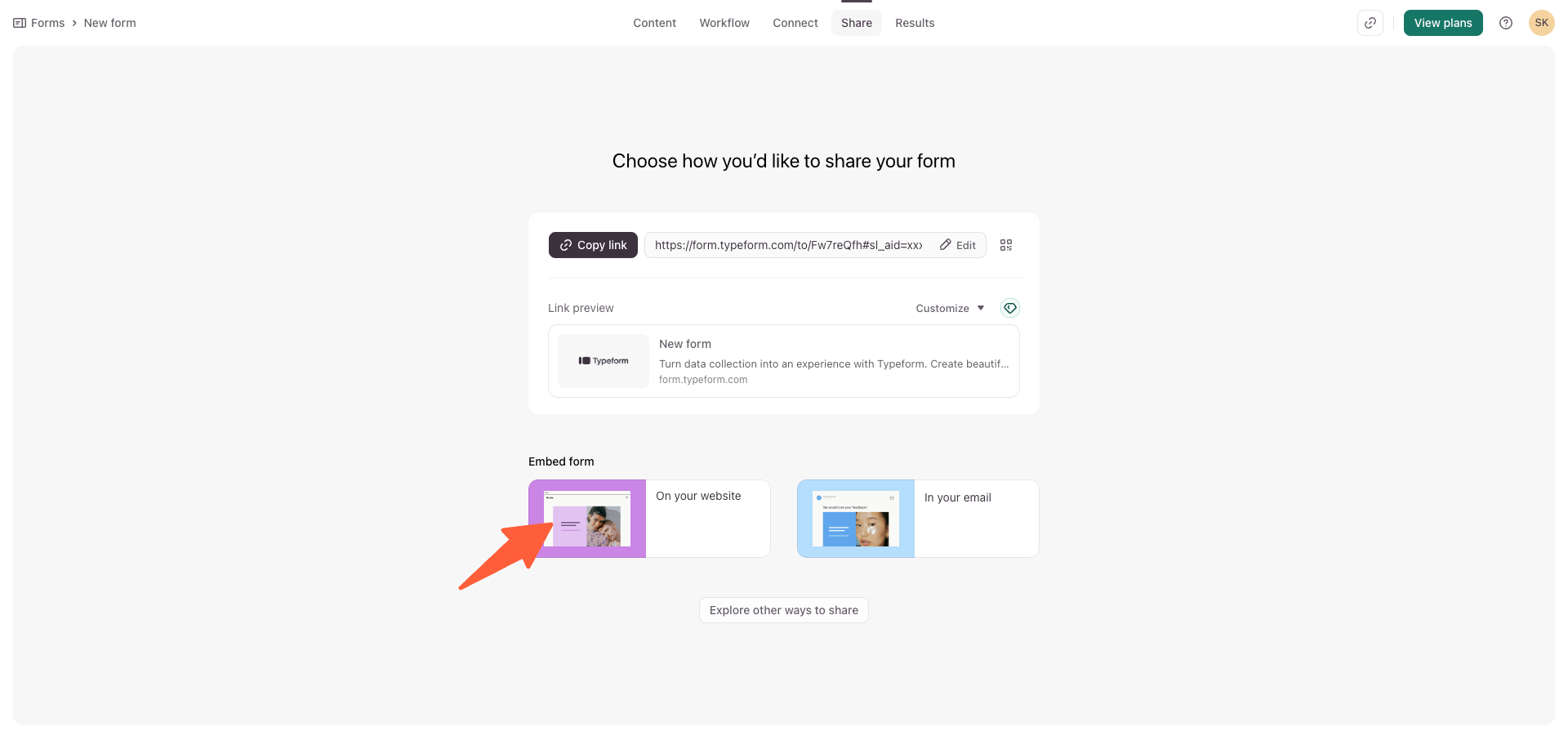 Typeform Share dialog with Embed on website option