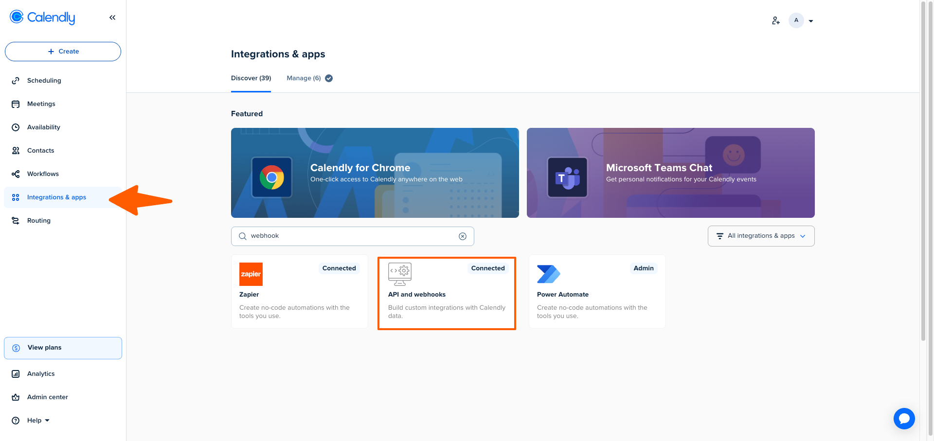 Calendly Integrations and apps page with the API and Webhooks search result highlighted