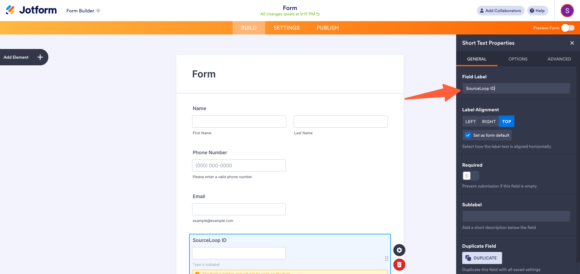 Jotform field Properties panel