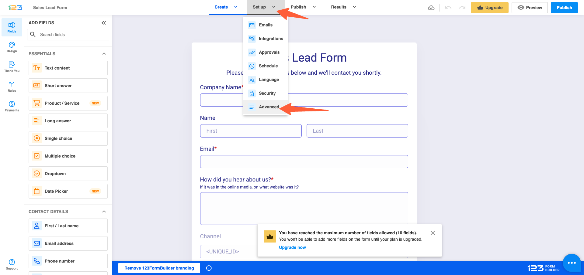 123FormBuilder Set up tab with Advanced highlighted