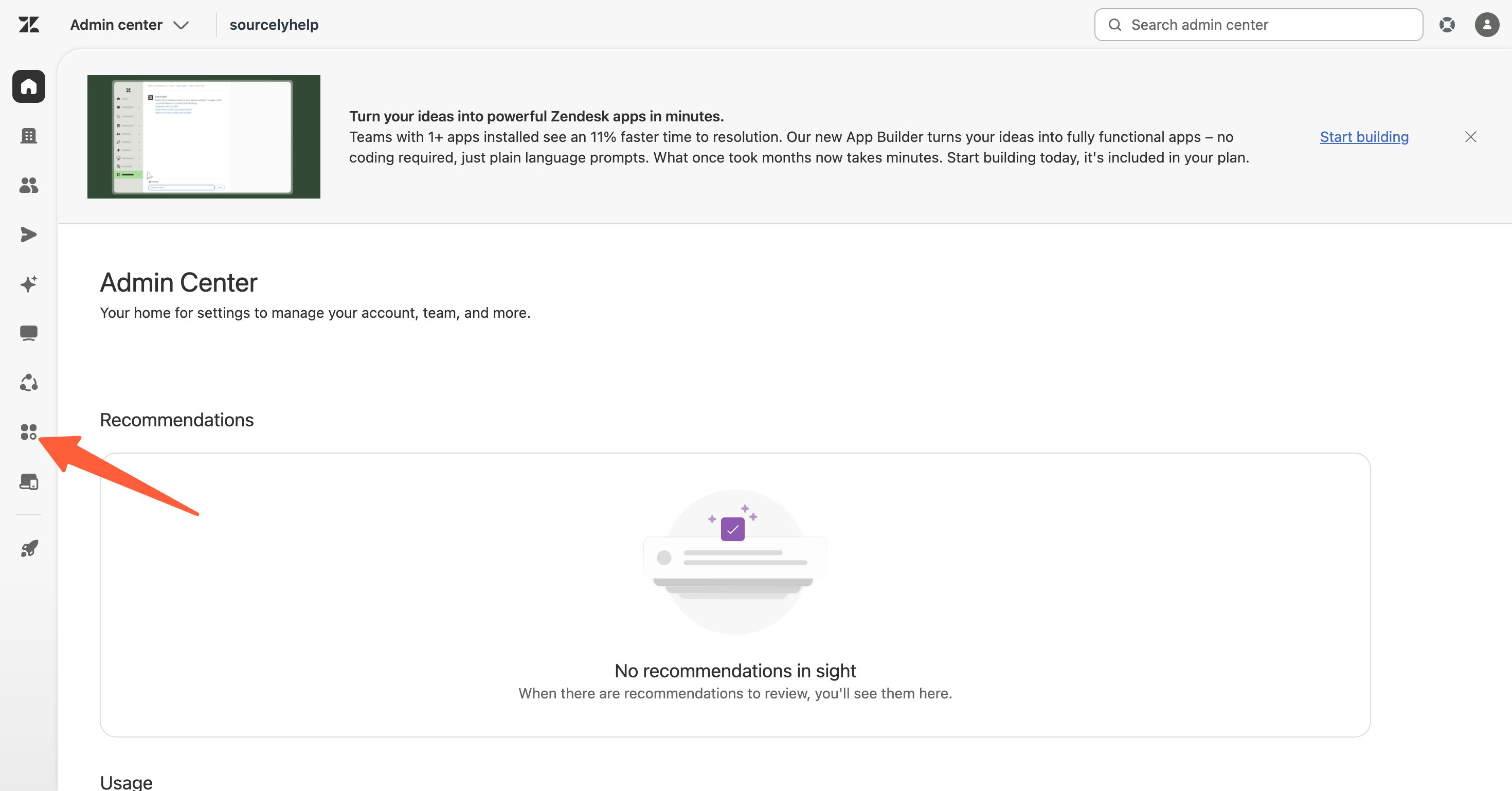Zendesk Admin Center Apps and integrations page