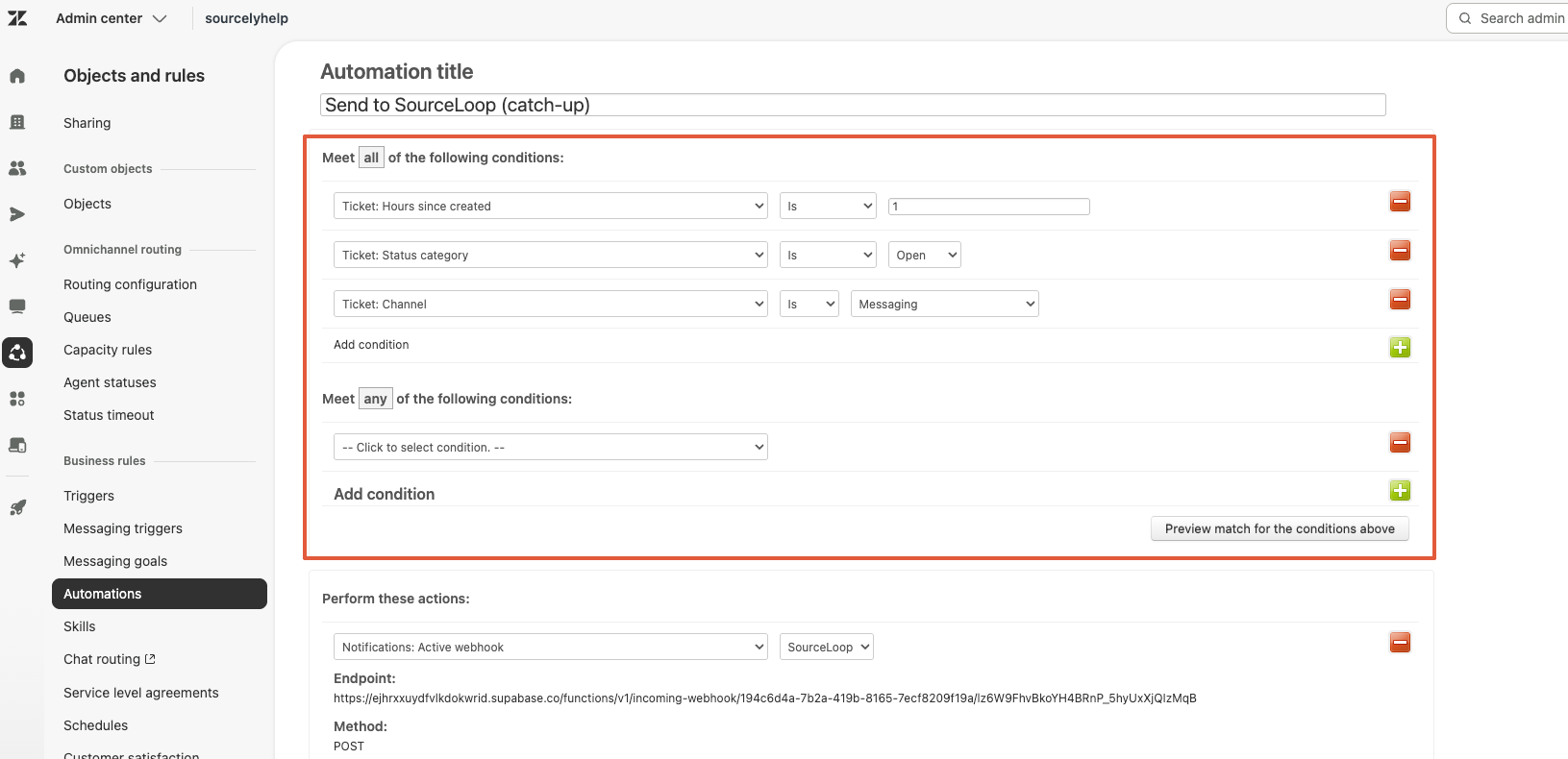 Zendesk automation conditions block with three rows: Status category Is Open, Channel Is Messaging, Hours since created Is 1