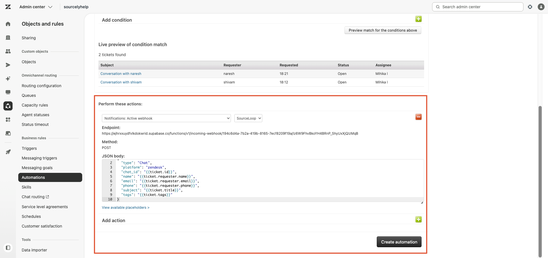 Zendesk automation Actions panel with Notify by Active webhook SourceLoop and the JSON body payload