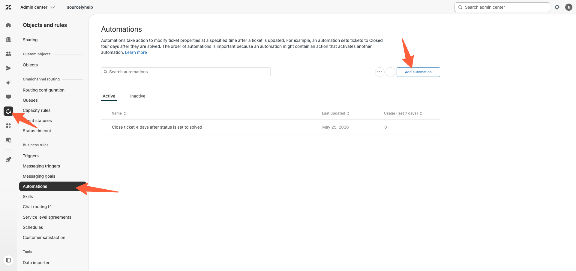 Zendesk Admin Center Automations list with the Create automation button highlighted