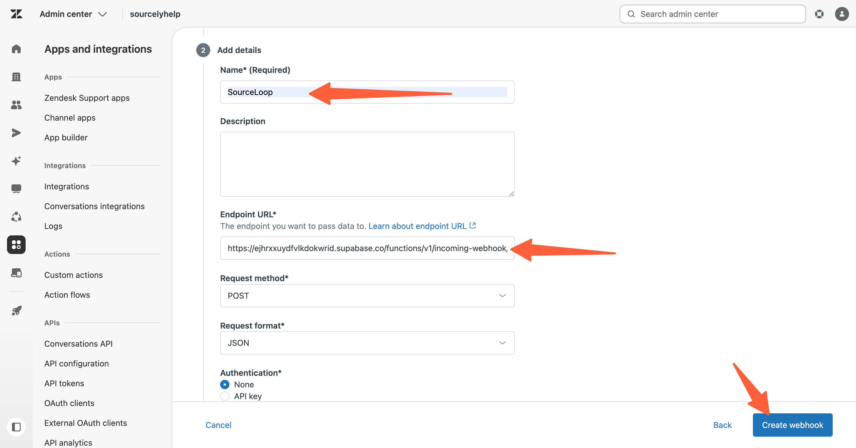 Zendesk webhook Add details form filled in with Name SourceLoop, Endpoint URL, POST method, JSON format, and Authentication None