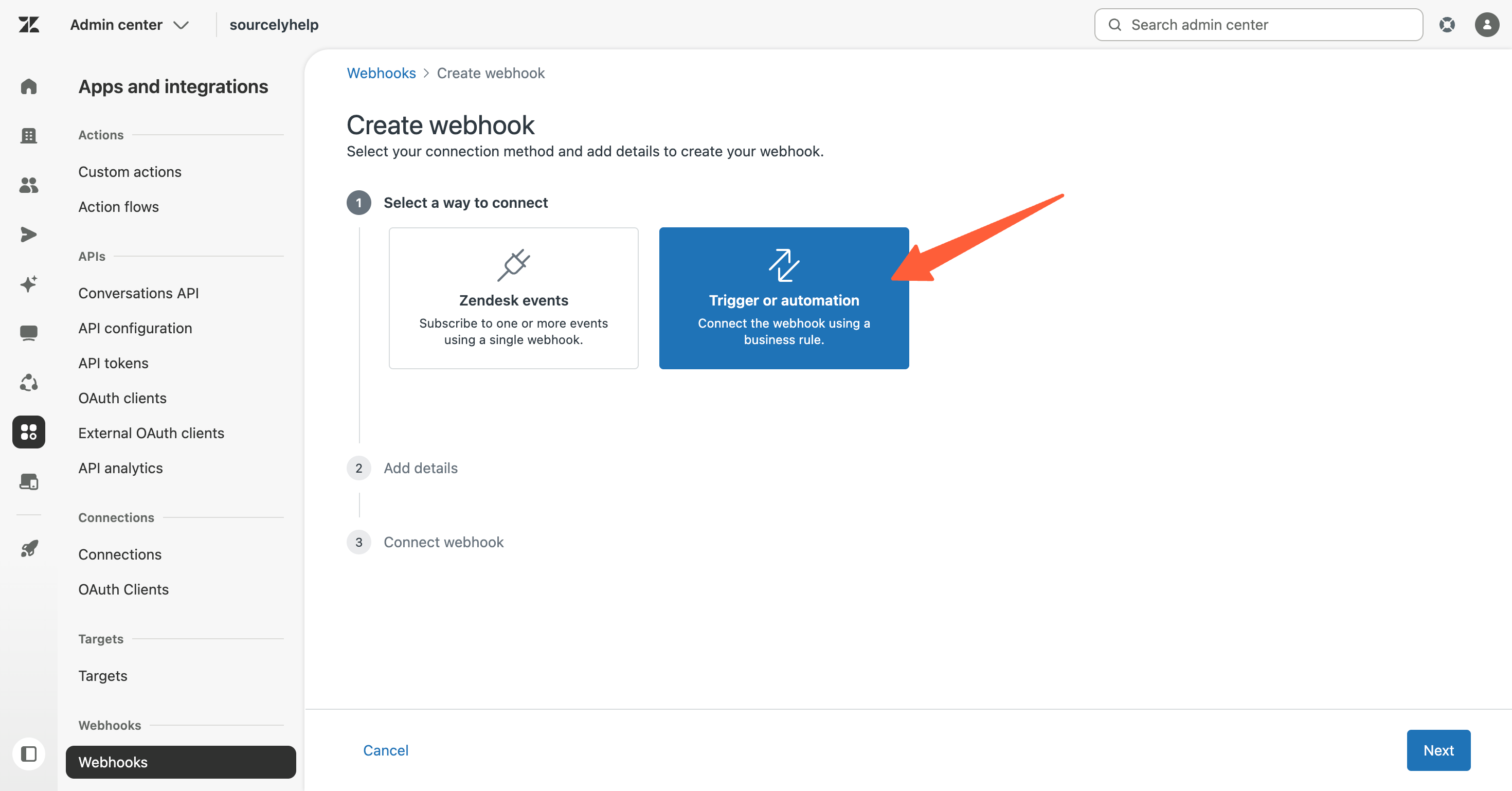 Zendesk webhook Select a way to connect screen with Trigger or automation option highlighted