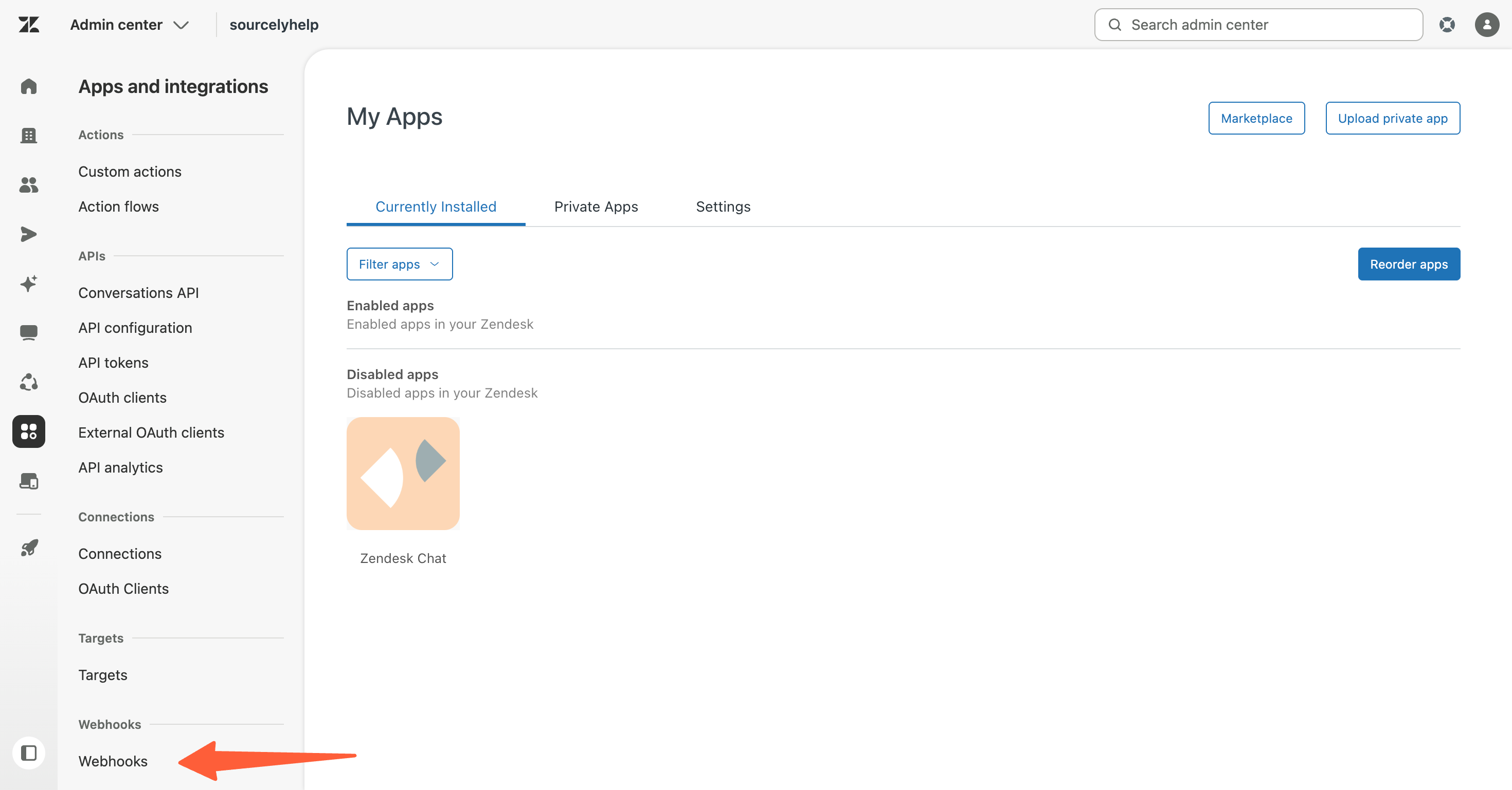Zendesk Webhooks list view with the Create webhook button highlighted