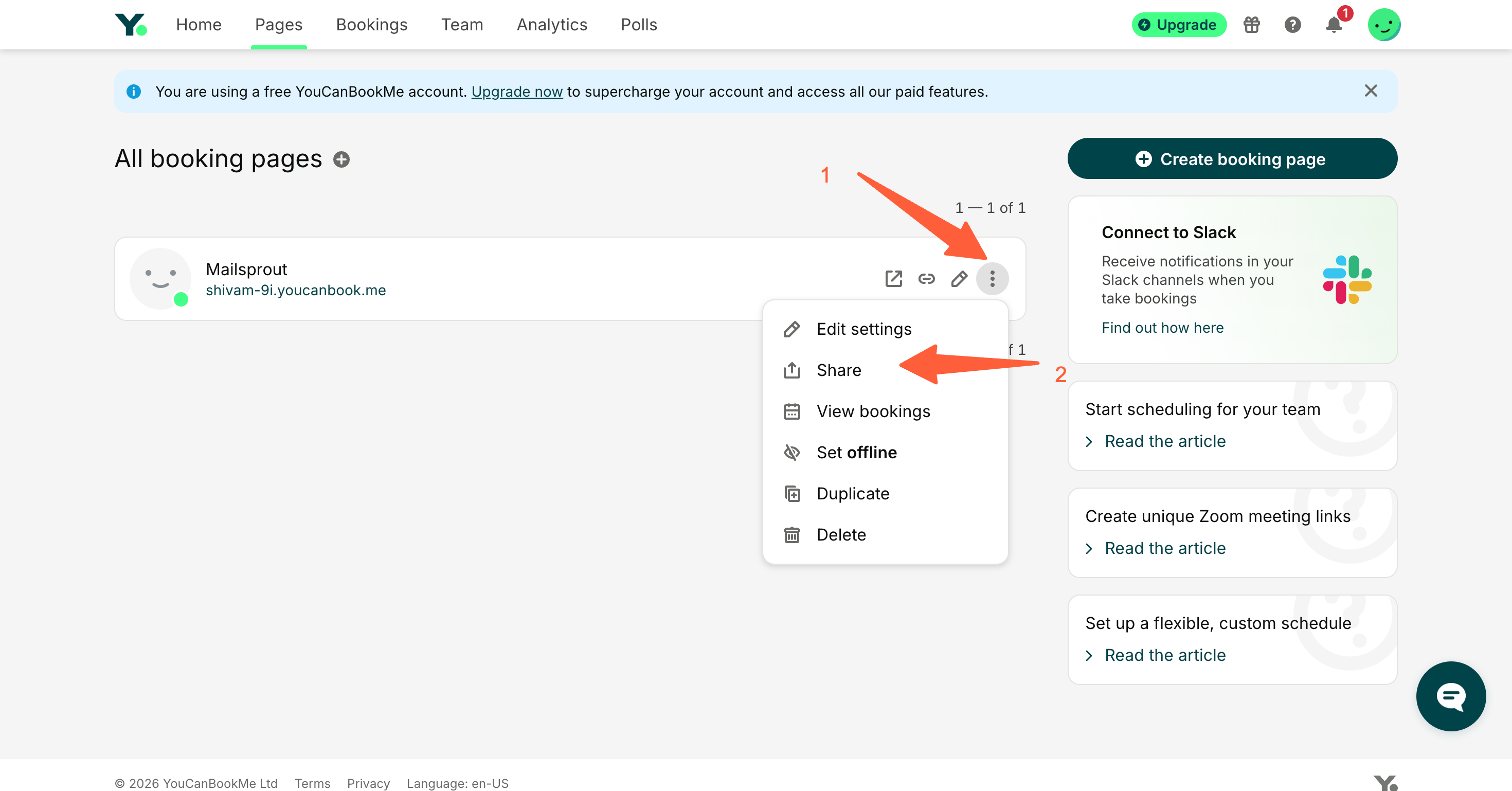 YouCanBookMe booking page menu with Share highlighted