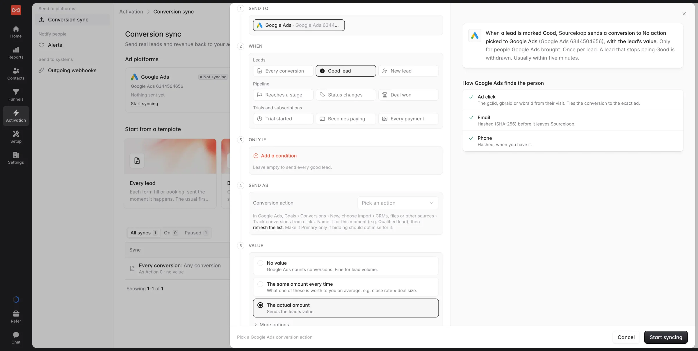 SourceLoop conversion sync builder for Google Ads with when to send, which leads qualify, the conversion action, the value, and how each lead is matched