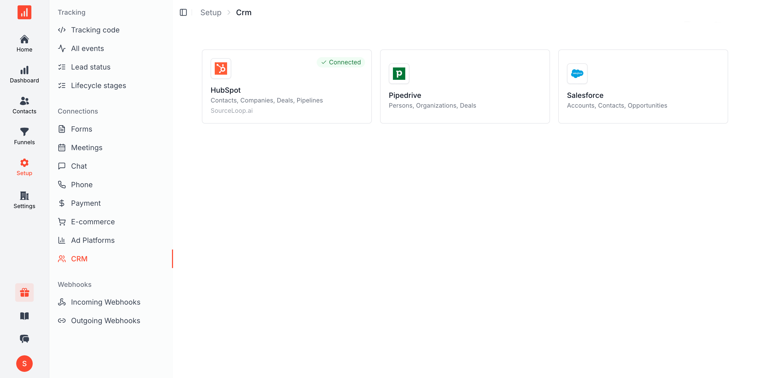 SourceLoop CRM sync dashboard mapping lead source and revenue into HubSpot, Salesforce, and Pipedrive