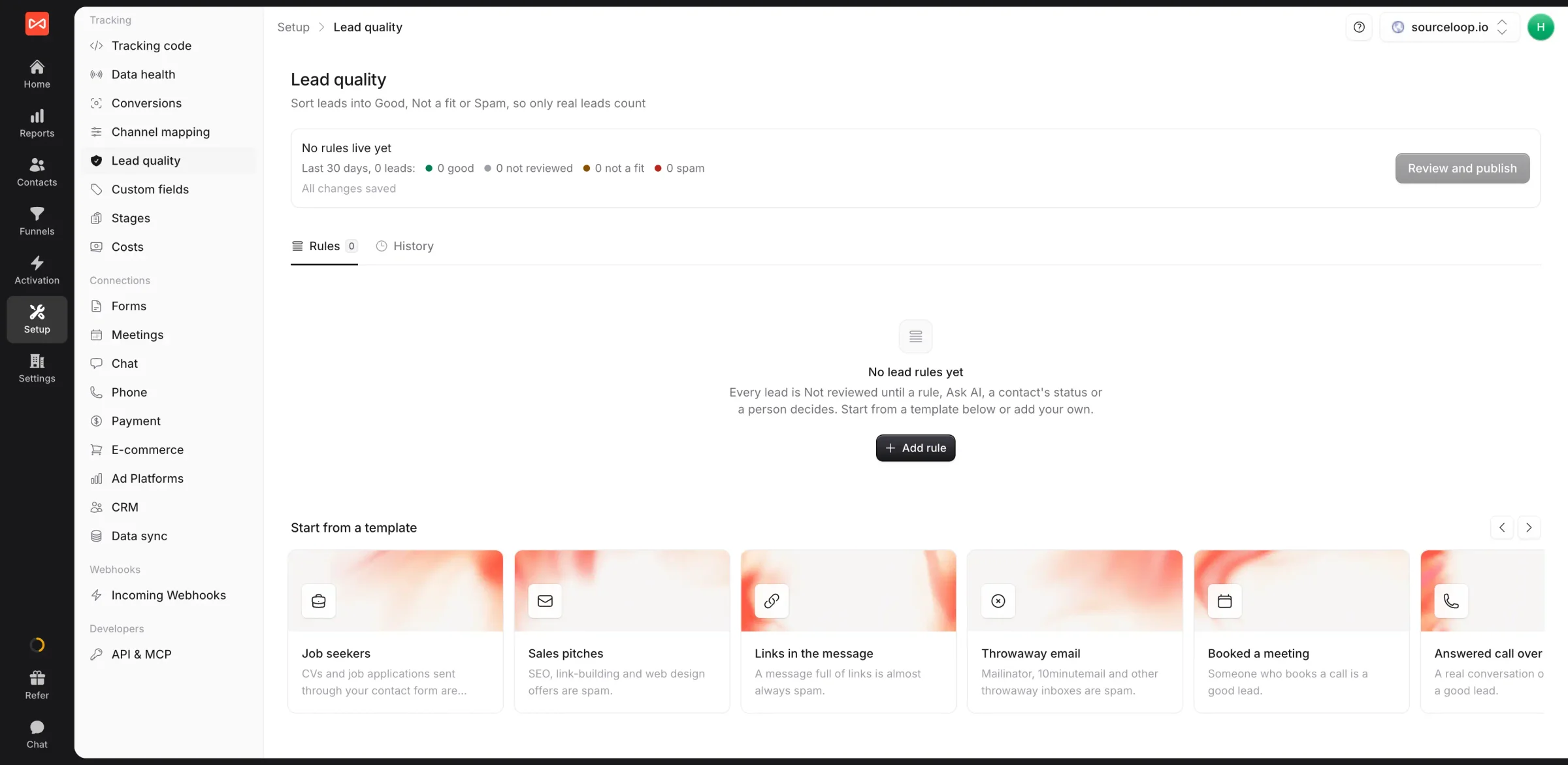 SourceLoop Lead quality setup with ready-made rules for job seekers, sales pitches, throwaway emails, booked meetings, and answered calls