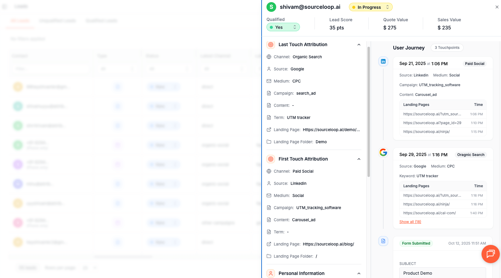sourceloop lead journey and attribution software